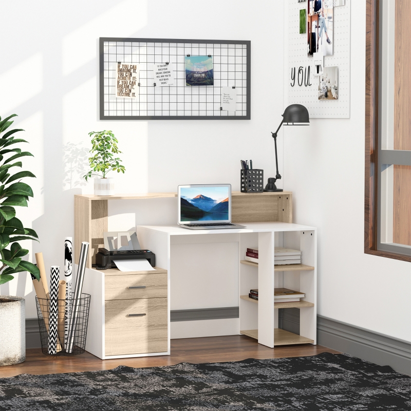 HOMCOM Computer Desk with Drawers and Storage Shelves, Office Desk Writing Table with Printer Stand, Large Workstation for Study Play Work Home Office, 137 x 55 x 92cm, Oak