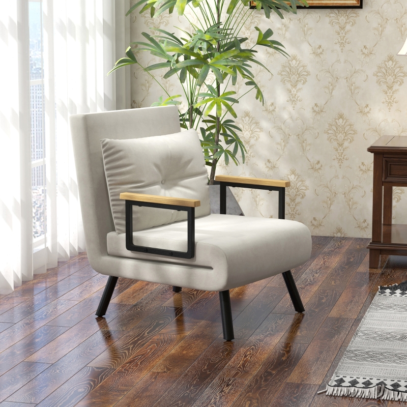 Fauteuil convertible 4 en 1 lit 1 place dossier 5 positions, accoudoirs en bois et coussin, tissu effet velours, crème