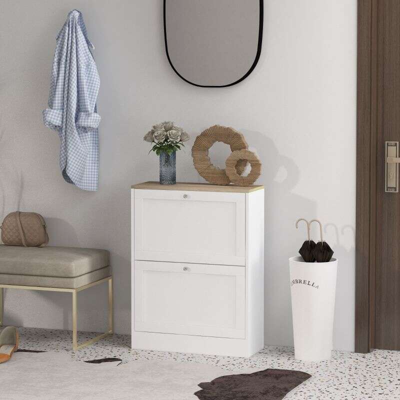 Two Flip Drawer Shoe Cabinet - White