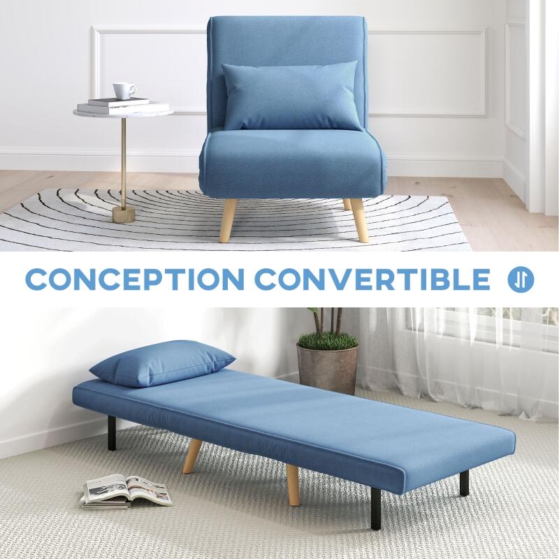 Fauteuil chauffeuse convertible 3 en 1 lit fauteuil lit 1 place dossier 5 positions en tissu avec coussin, bleu