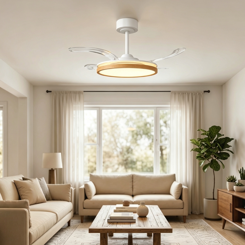 Ventilador de Techo con Luz LED 80 W Motor DC Reversible Mando a Distancia 6 Velocidades Temporizador Ø95 cm Natural