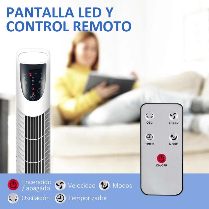 Ventilador de Torre Ventilador Vertical 40W con Mando a Distancia 3 Velocidades Temporizador 7,5h Ø18x78,5 cm Blanco