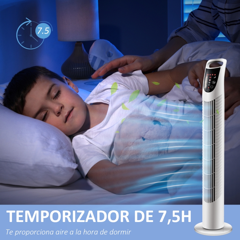 Ventilador de Torre Ventilador Vertical 40W con Mando a Distancia 3 Velocidades Temporizador 7,5h Ø18x78,5 cm Blanco