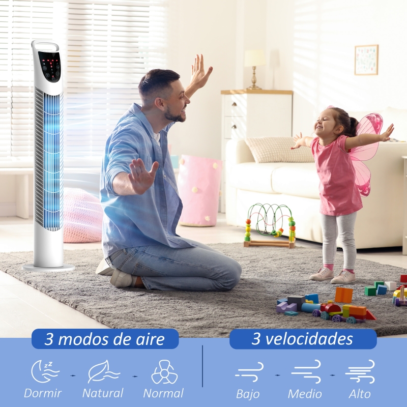 Ventilador de Torre Ventilador Vertical 40W con Mando a Distancia 3 Velocidades Temporizador 7,5h Ø18x78,5 cm Blanco