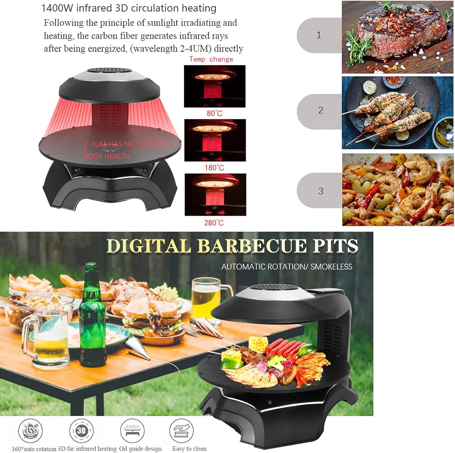 Grill électrique infrarouge sans fumée plateau rotatif 360°
