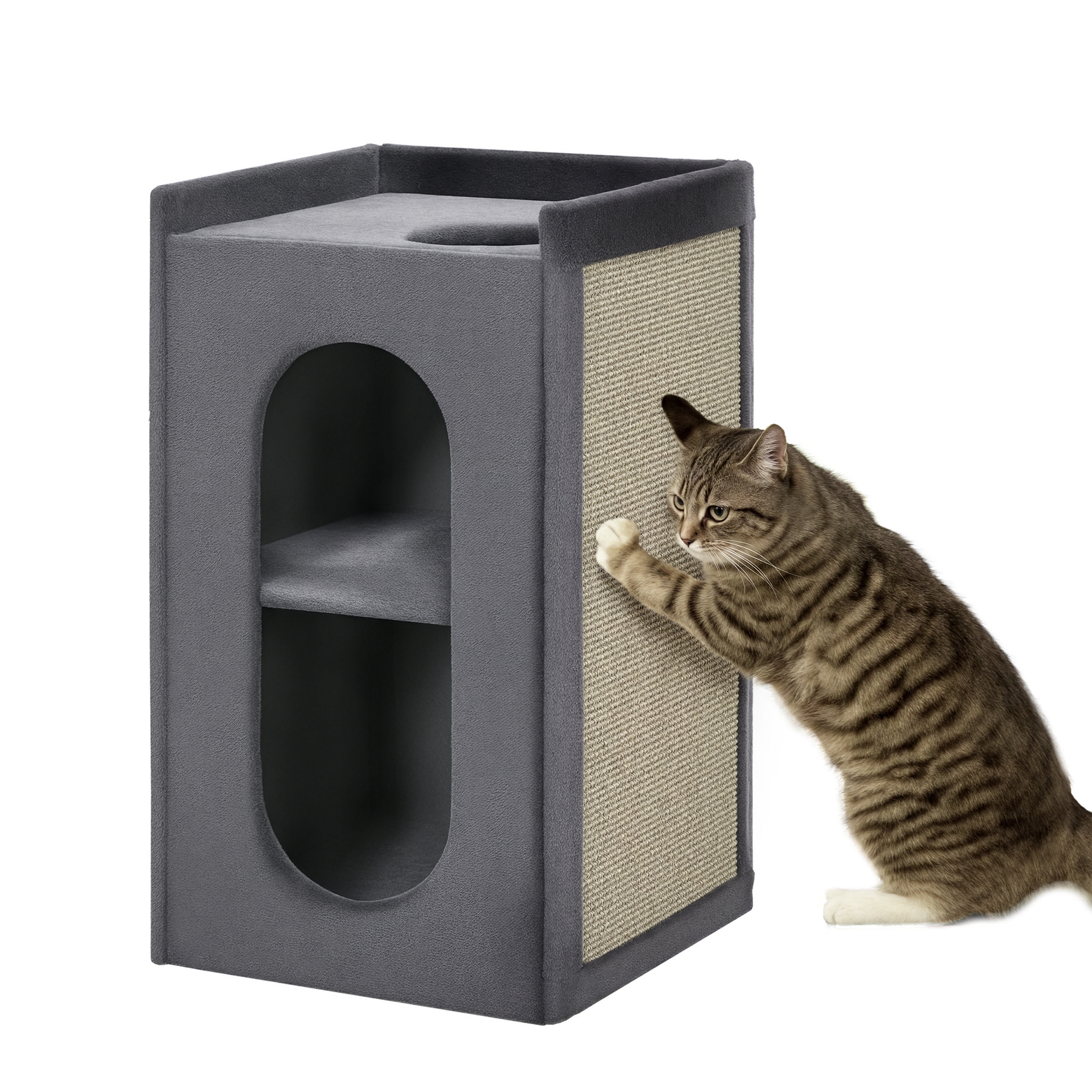 Tonneau à gratter avec 2 niches pour chat. 1 zone de repos. tapis à gratter en sisal. peluche. gris et naturel