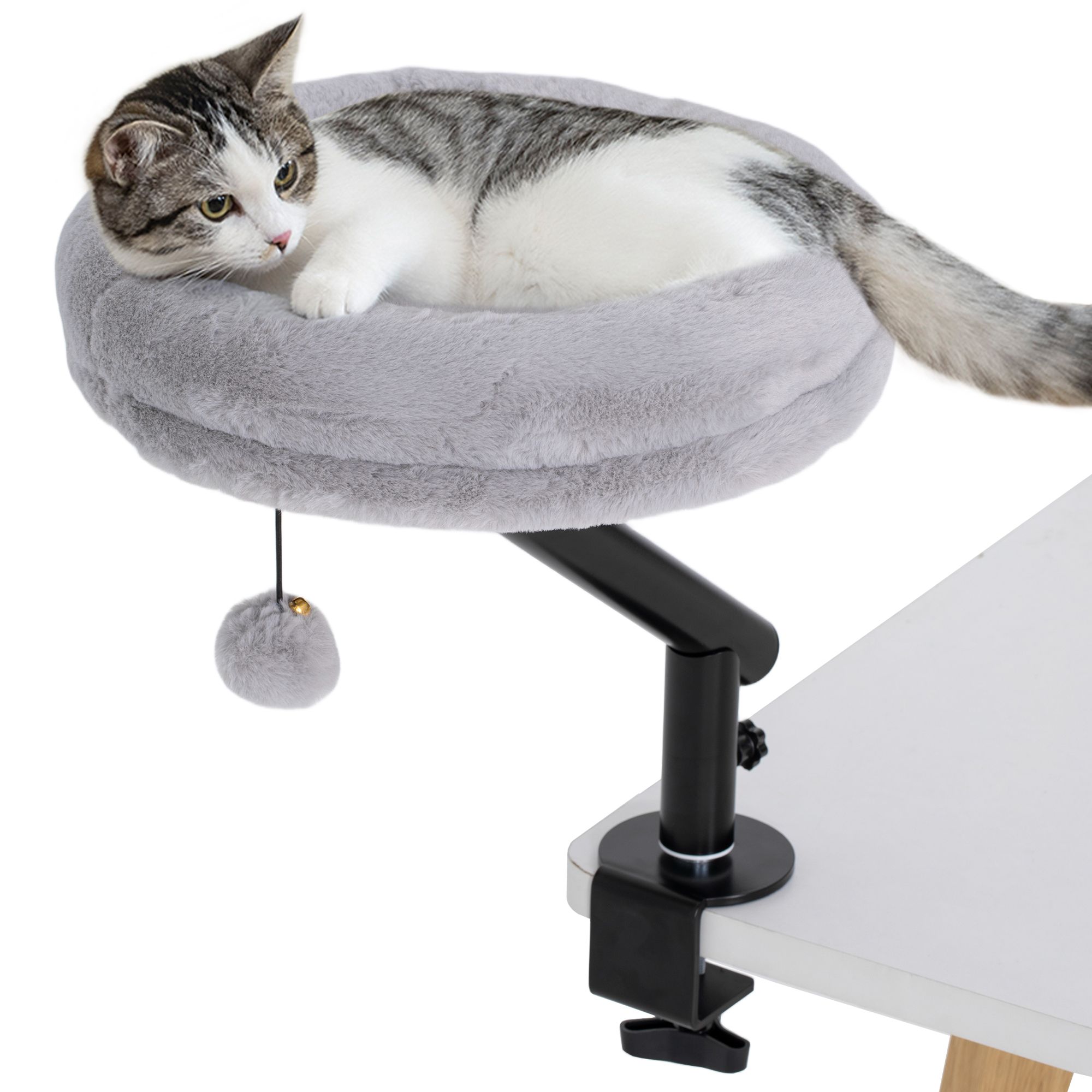 Lit pour chat de bureau avec rotation 360°, hauteur réglable, couchage amovible lavable en machine, pour chats de moins de 6 kg, gris