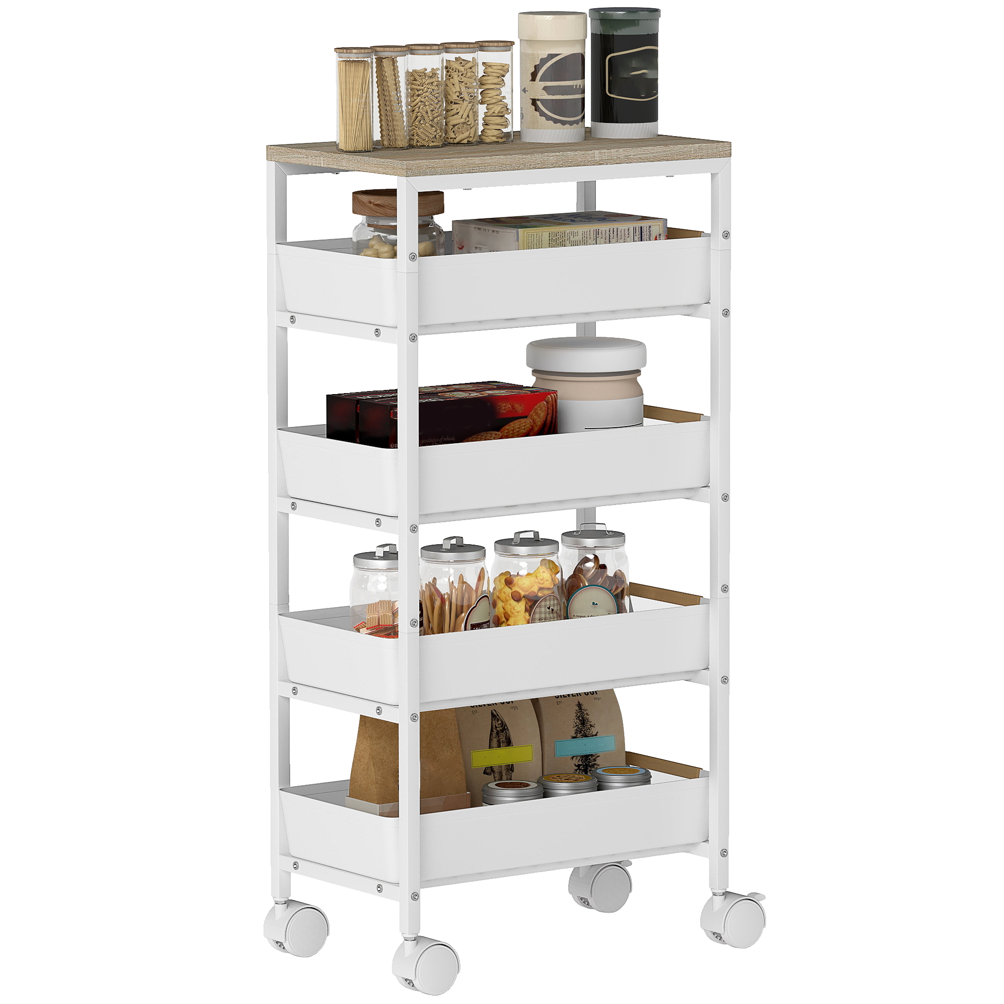 Küchenwagen 24 cm, 4 belüftete Schubladen, Arbeitsplatte in Holzoptik, Rollen
