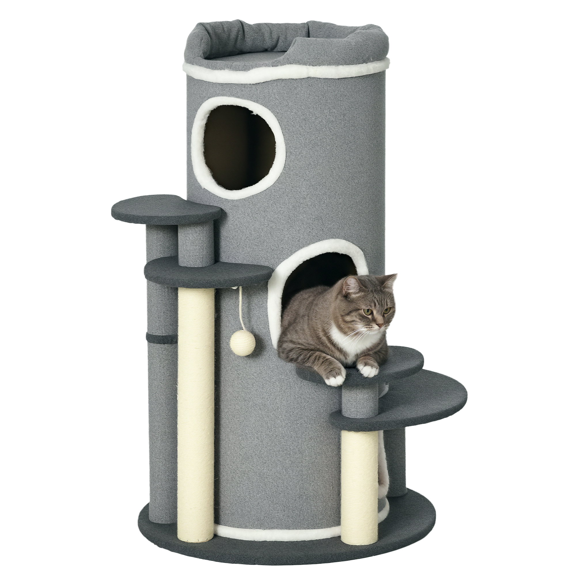 Arbre à chat. tonneau à gratter. 2 niches. 4 zones de repos. 4 poteaux à gratter. 57 x 57 x 99 cm. gris et blanc