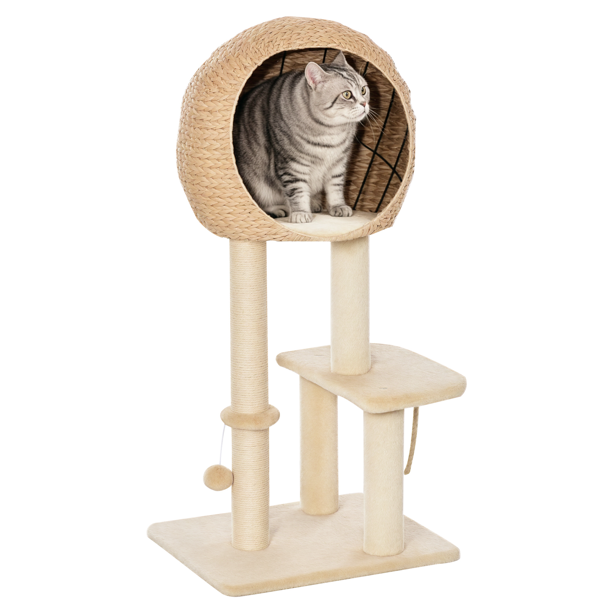 Arbre à chat 100 cm. tour avec niche. balle de jeu. troncs en sisal et plateforme. pour chats de taille moyenne. beige