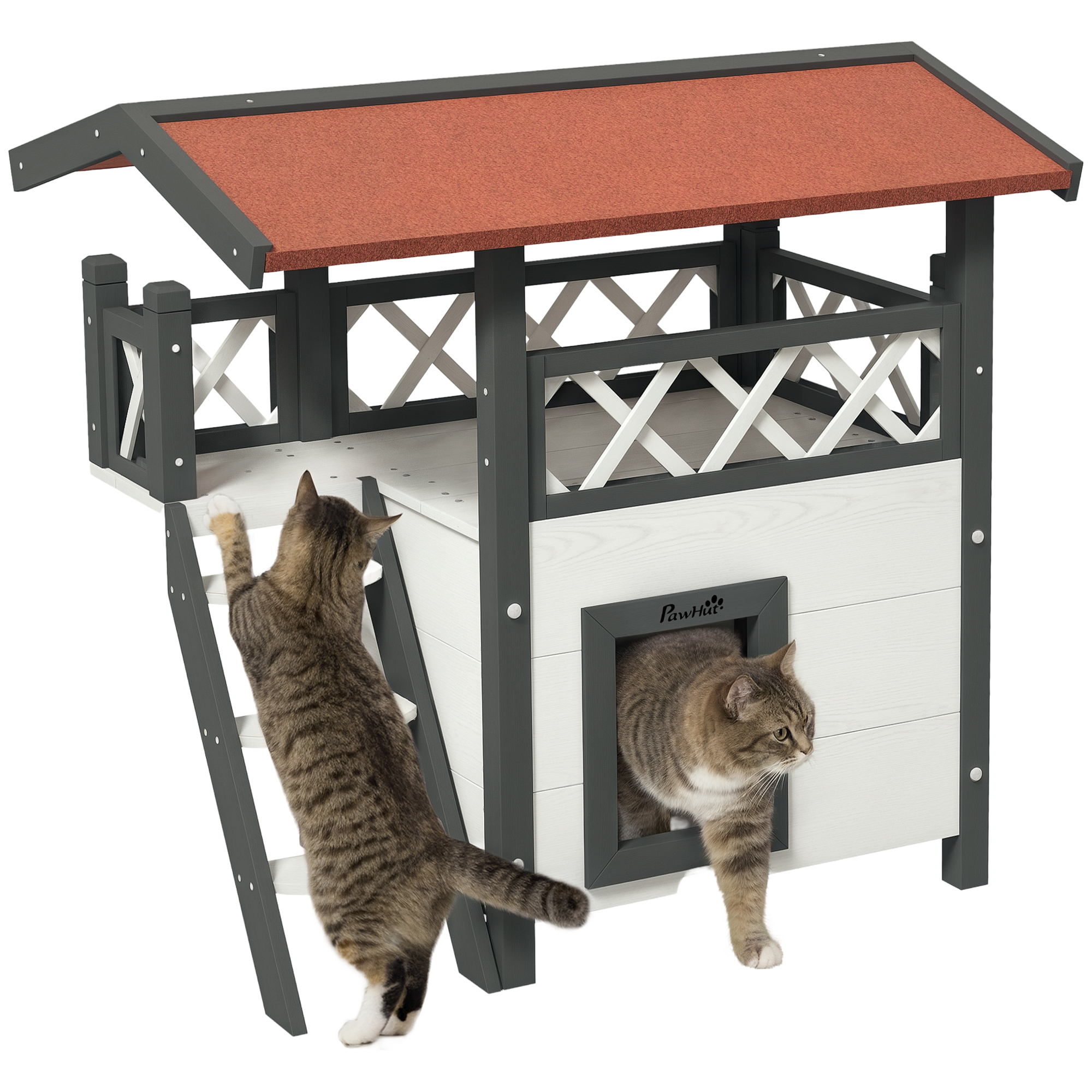 Maison pour chat. cabane pour animaux avec toit en asphalte. 2 niveaux et 1 échelle. blanc et rouge