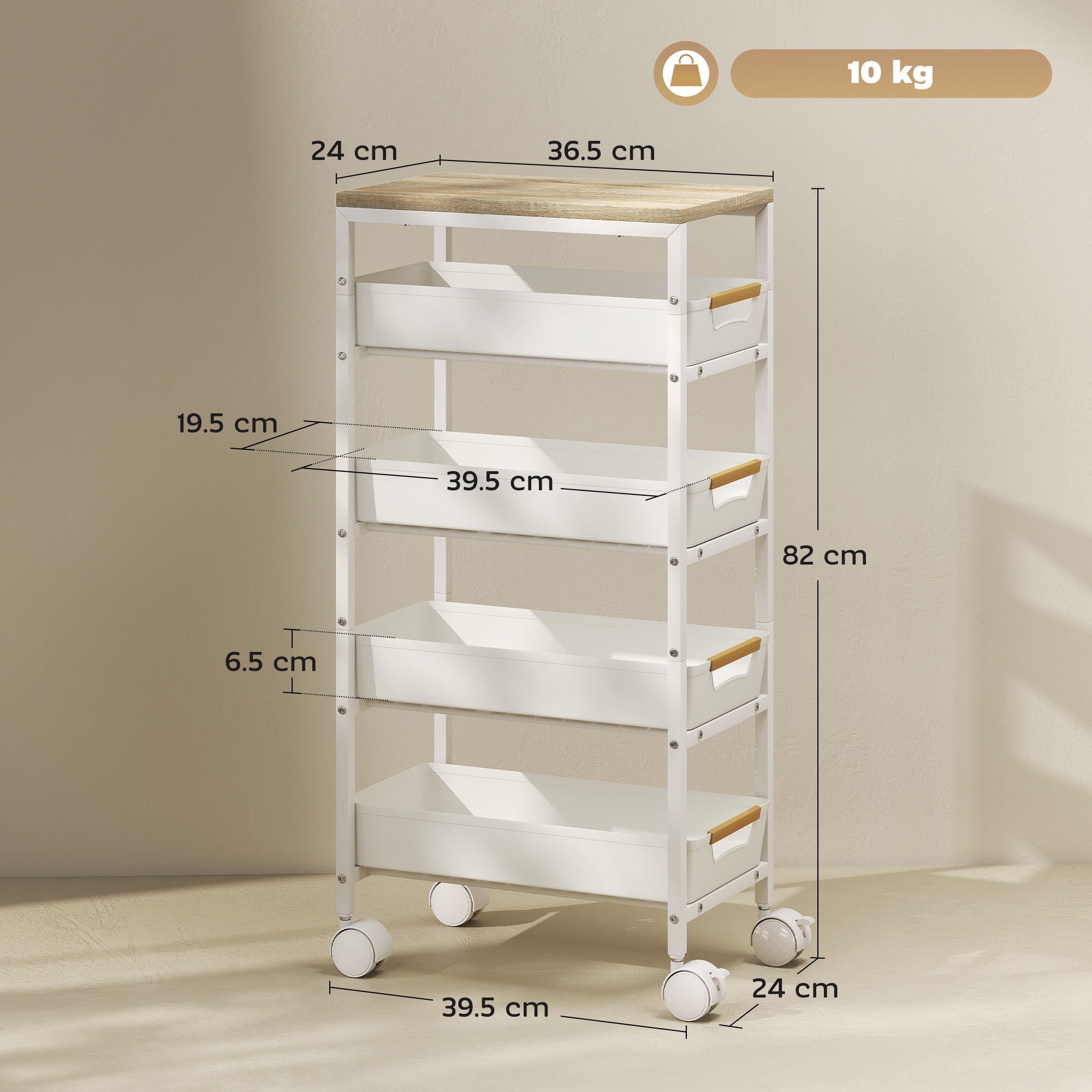 Abmessungen des schmalen Aufbewahrungswagens, 24 cm tief