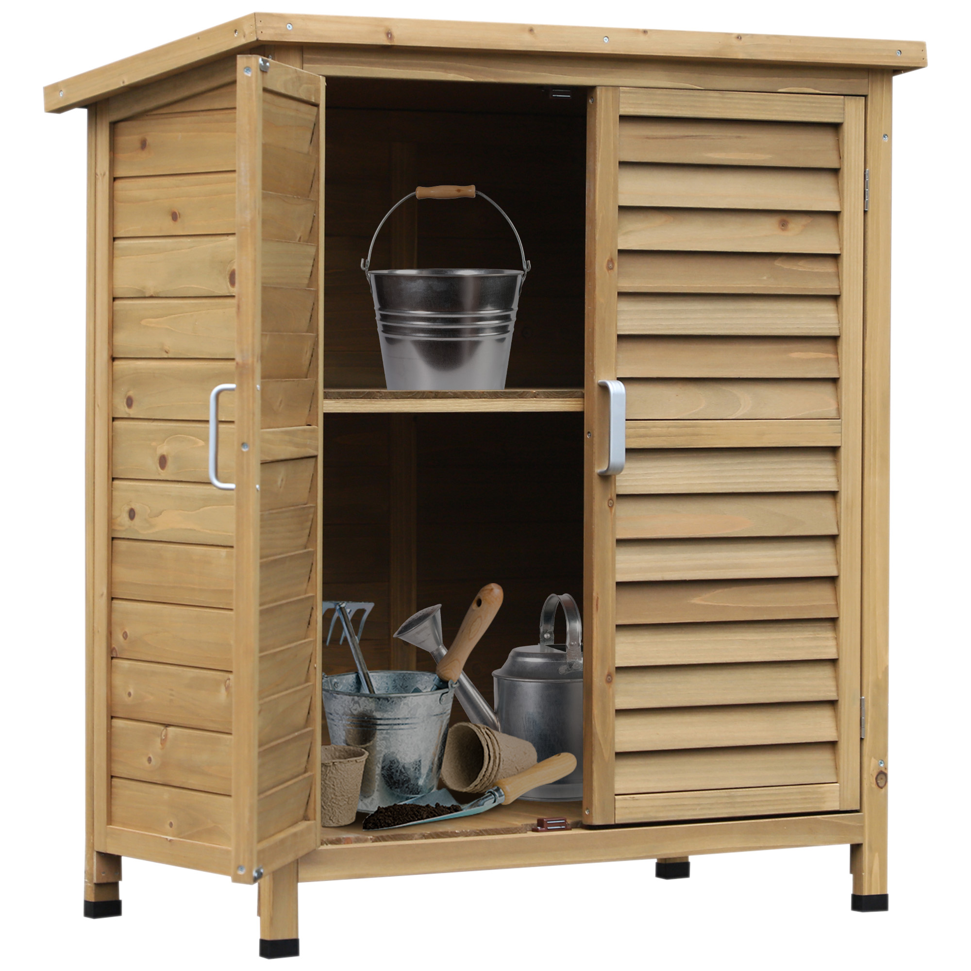 Armoire jardin sapin massif verticale 2 étagères portes persiennes toit bitume