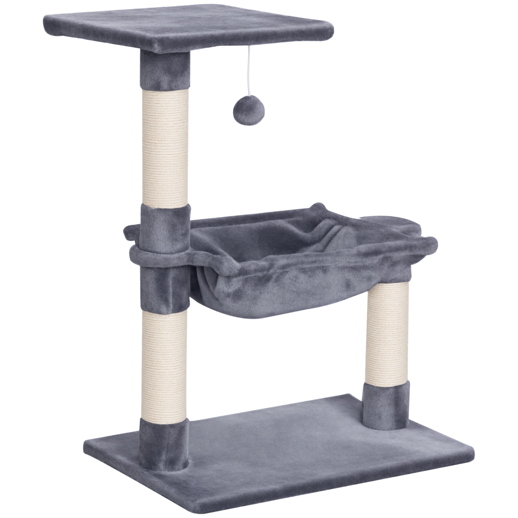 Arbre à chat 70 cm. petit tour avec balle en peluche. colonne en sisal. grande plateforme. hamac. pour petits chats. gris