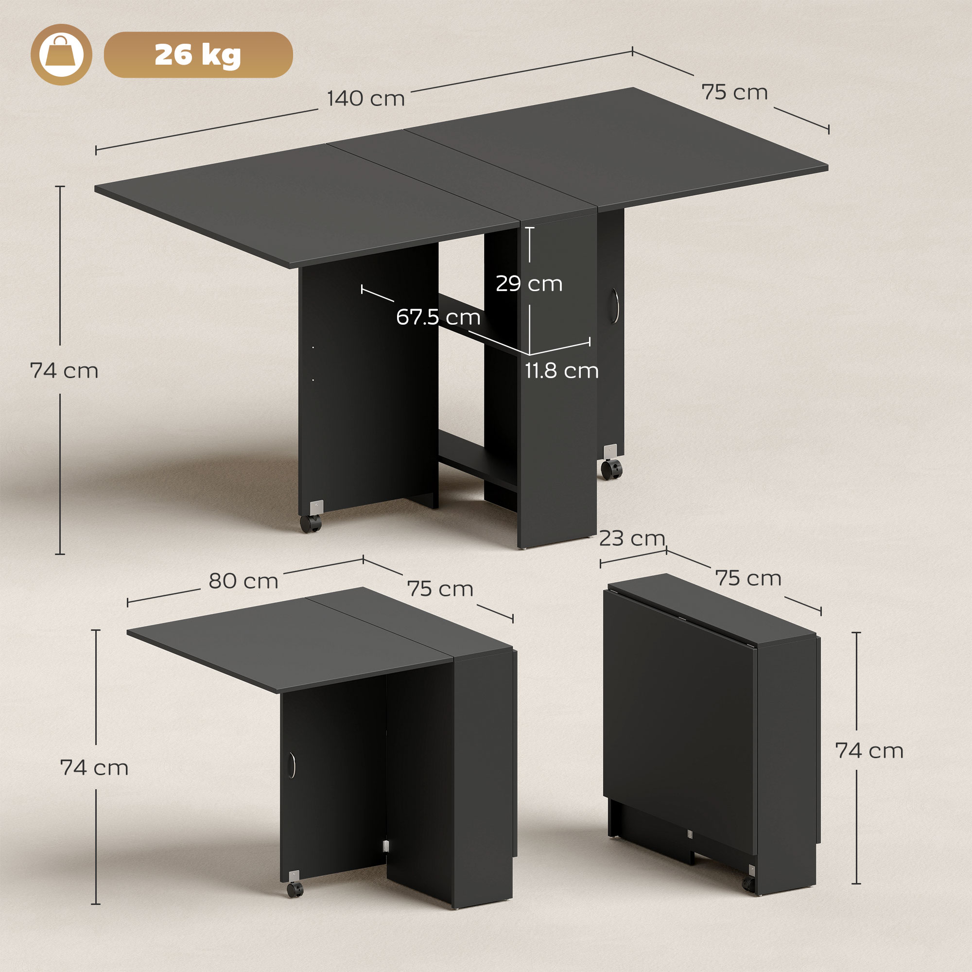 Dimensions table abattante repliée et dépliée vue technique