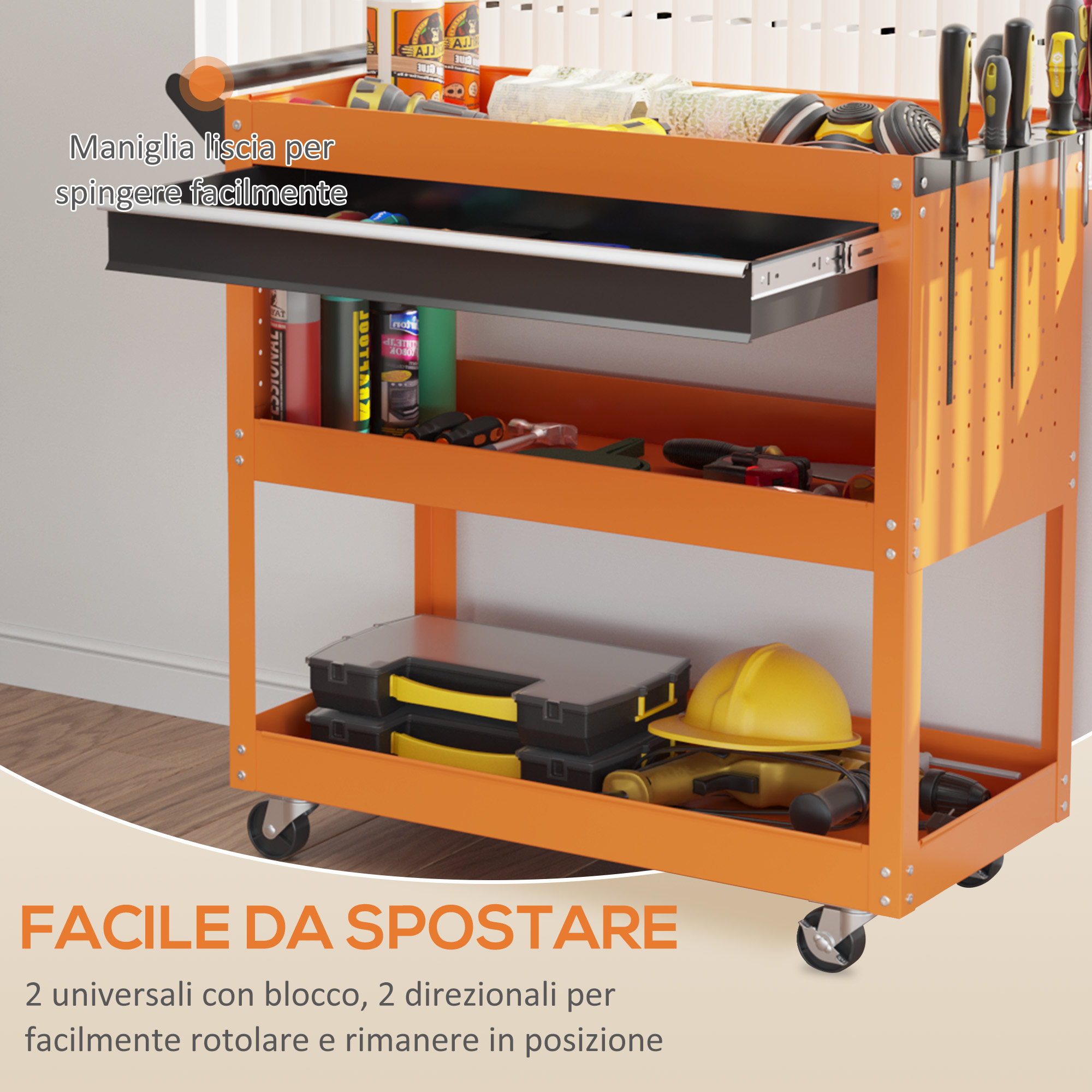 Chariot d’atelier orange vue générale