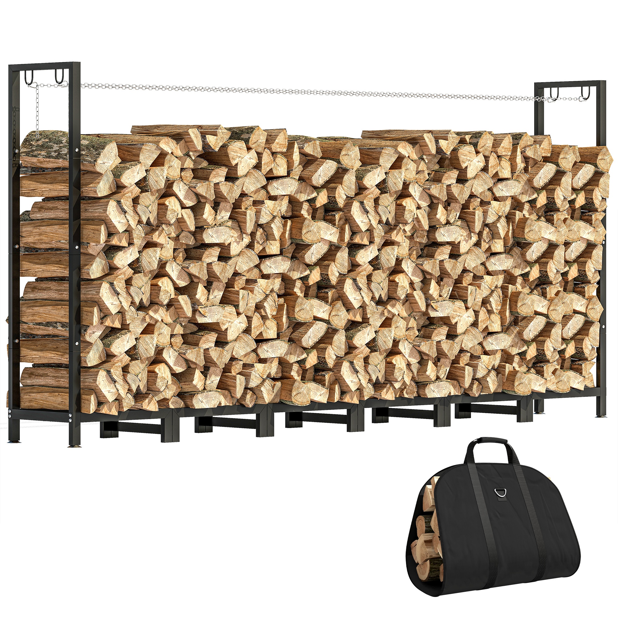 Porte bûches extérieur acier capacité 150 kg avec sac tissu et chaînes sécurité