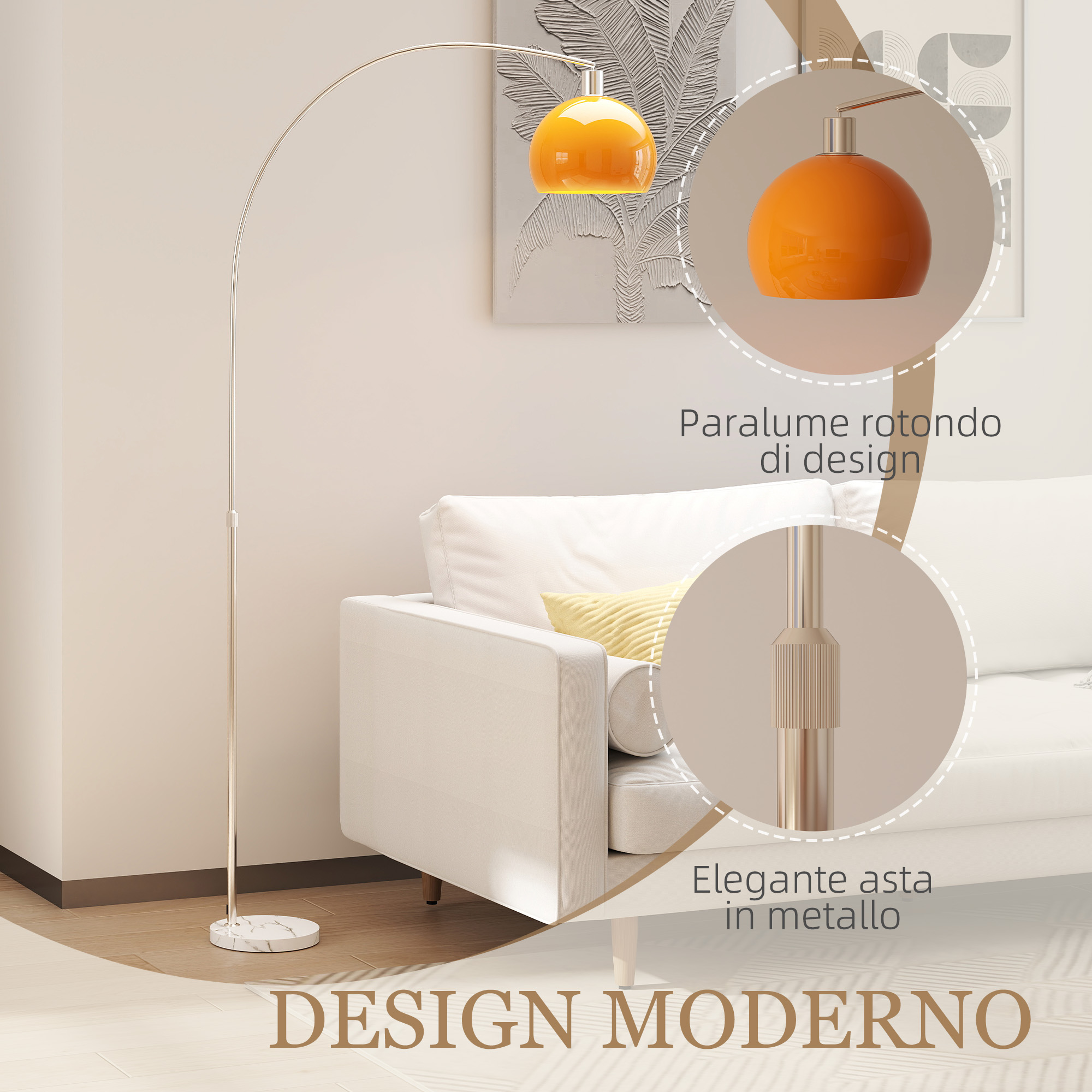Lampadaire à arc abat‑jour orange base marbre
