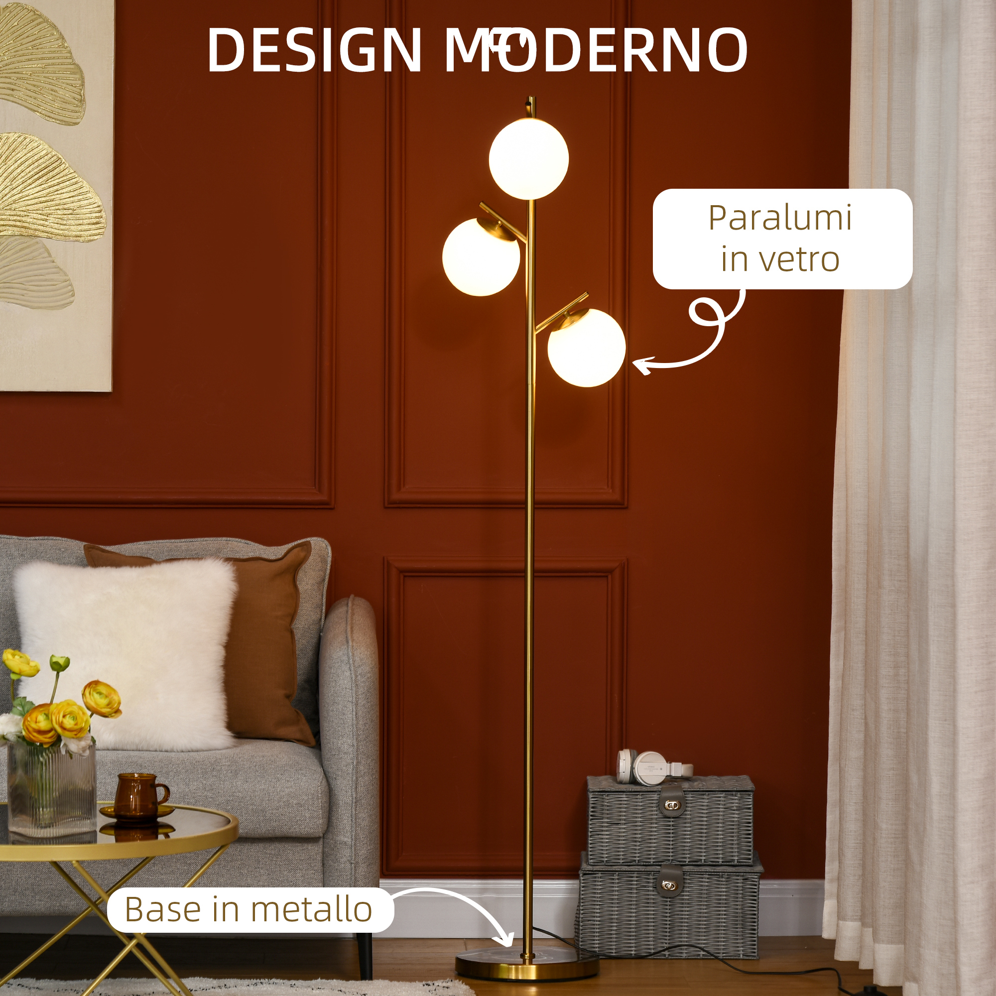 Lampadaire doré 3 globes verre 169cm