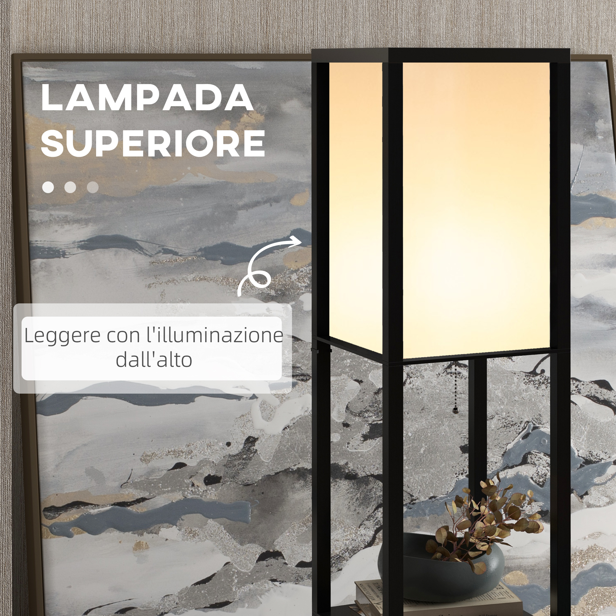 Lampadaire en situation dans un salon avec livres sur les étagères