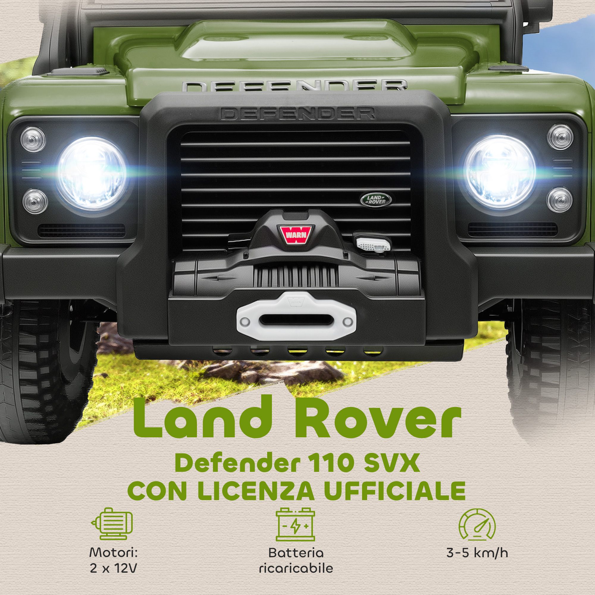 Land Rover Defender vert vue complète 4 phares de toit