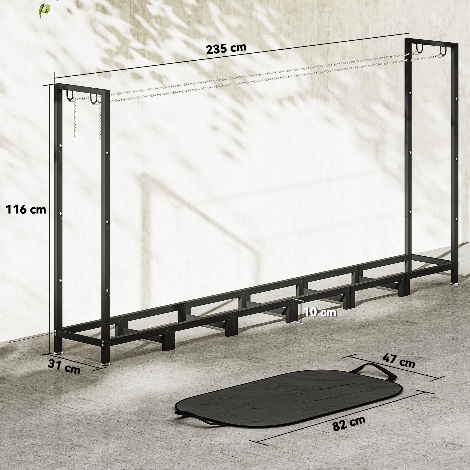 Dimensions et capacité 150kg porte bûches acier