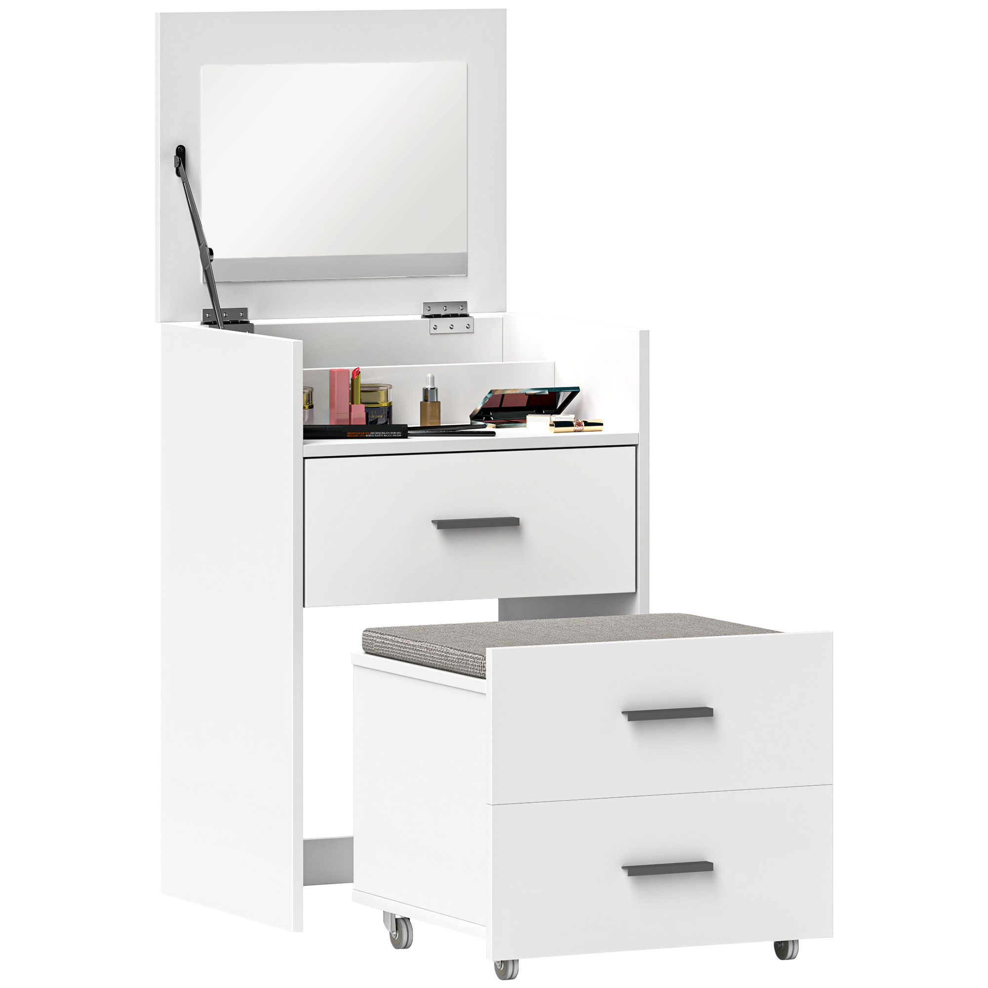 Tocador con espejo plegable, taburete con ruedas y almacenamiento integrado
