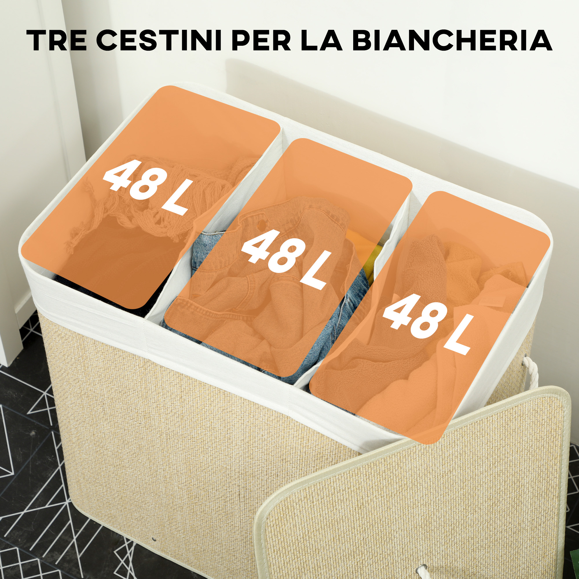 Panier à linge 3 bacs bambou 144L