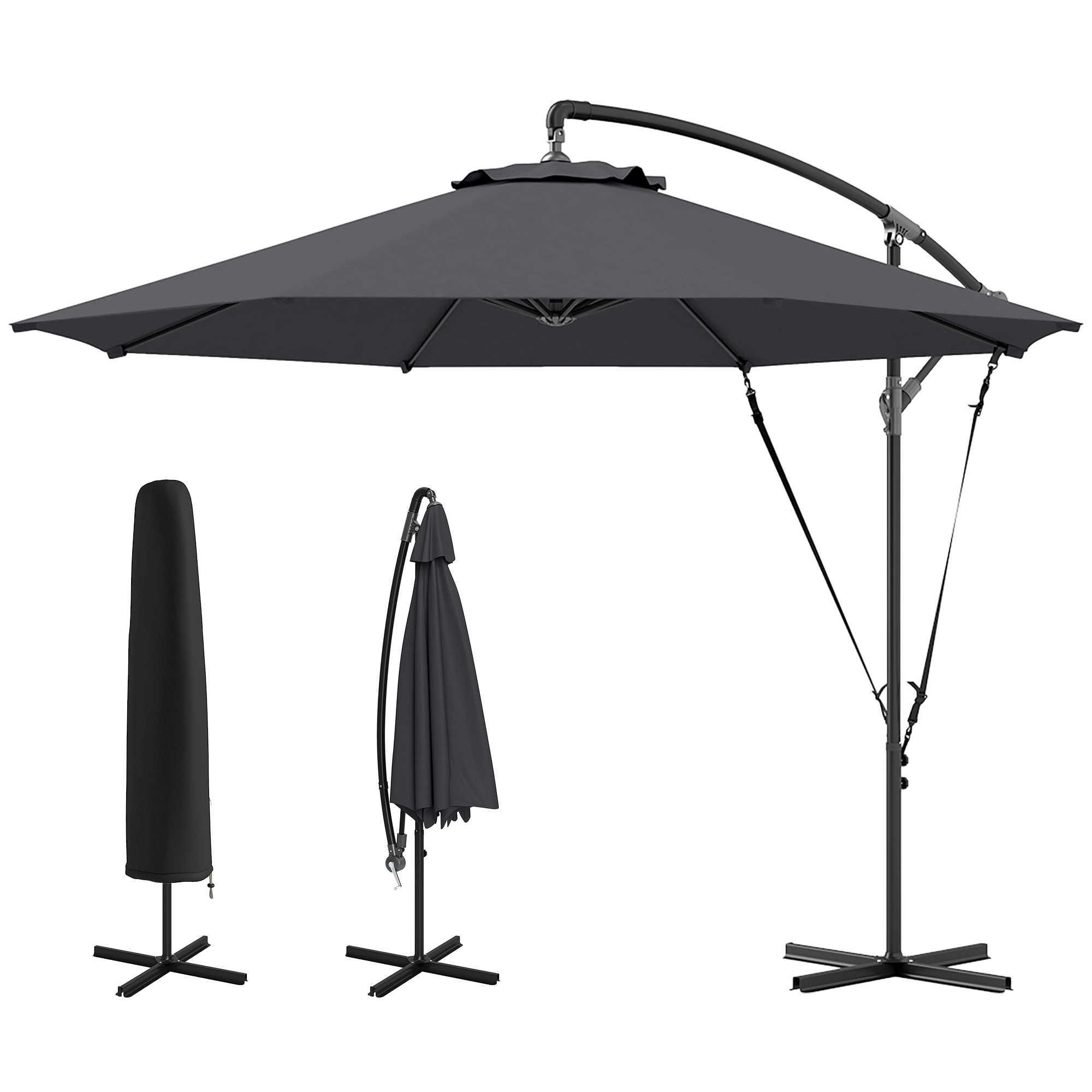 Parasol décentralisé 3 mètres gris foncé vue d'ensemble