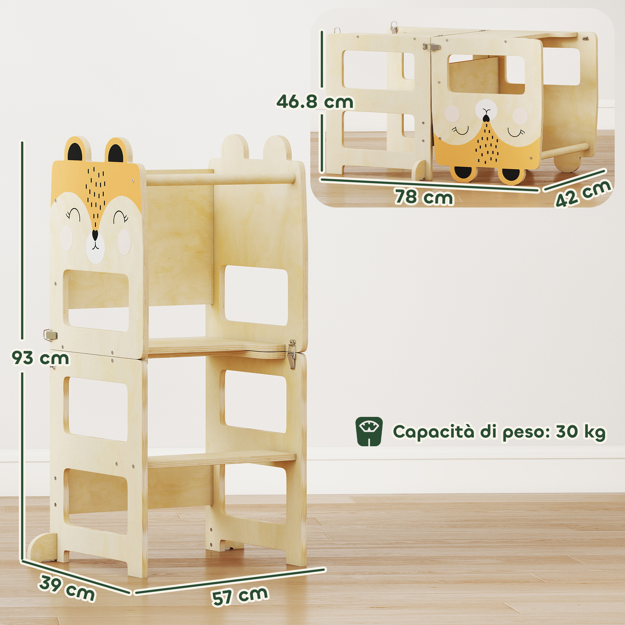 Tour Montessorienne Enfant 2-5 Ans avec Tableau Blanc et Table, en Contreplaqué,