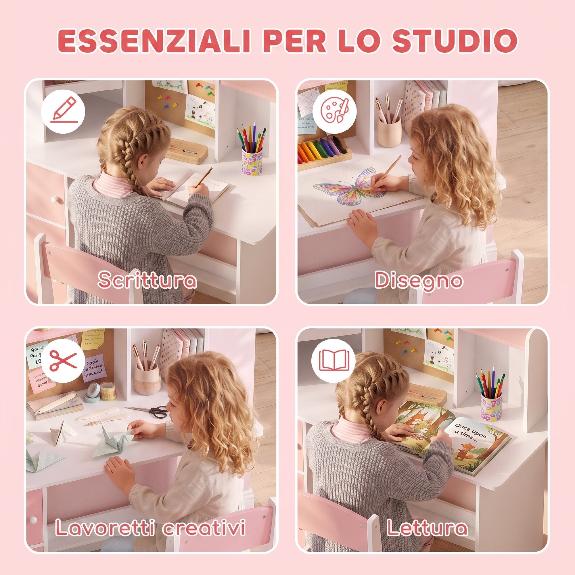Set Bureau et Chaise Enfant 5-12 Ans avec Bibliothèque, Porte-Stylo, Support Tab
