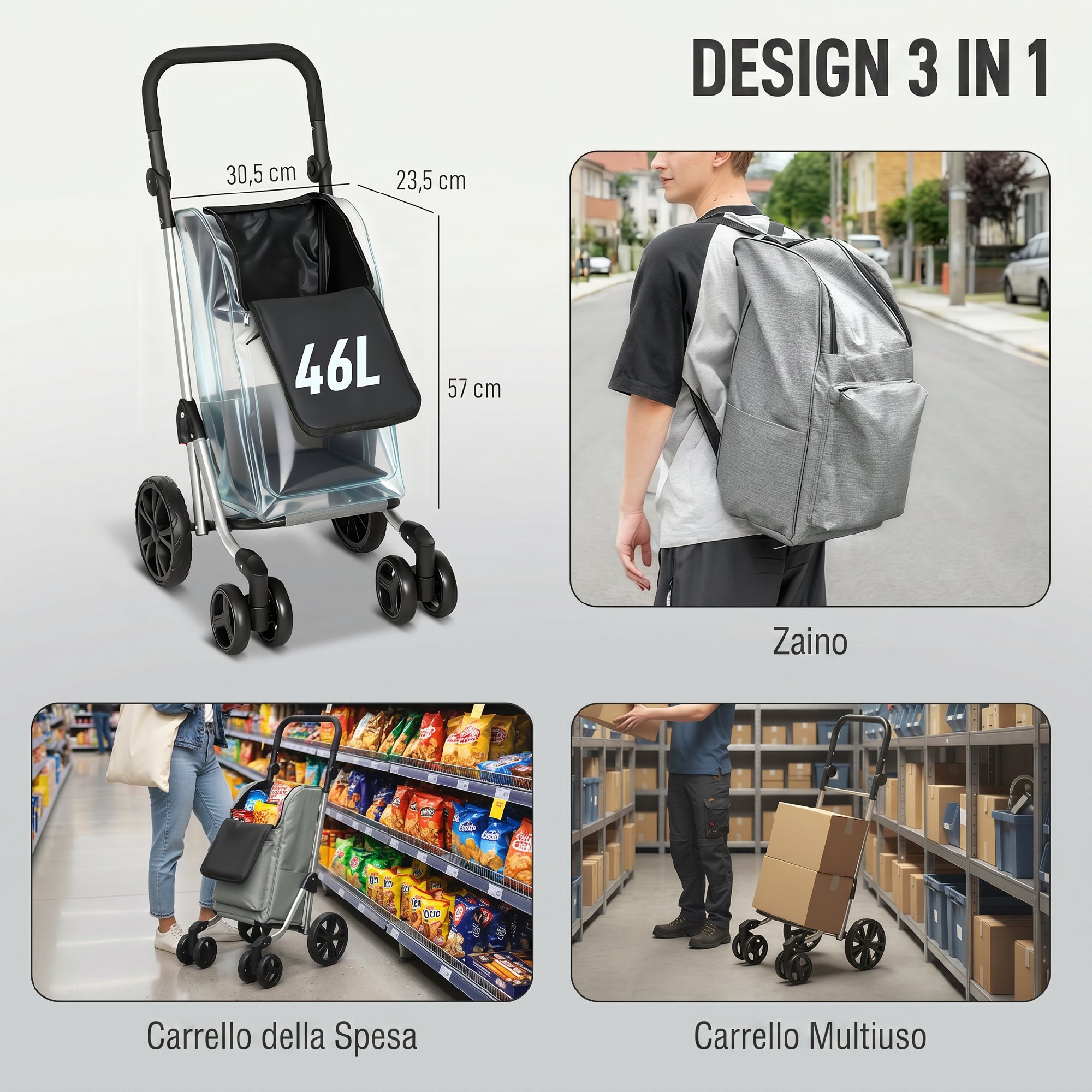 Chariot courses 3‑en‑1 6 roues gris