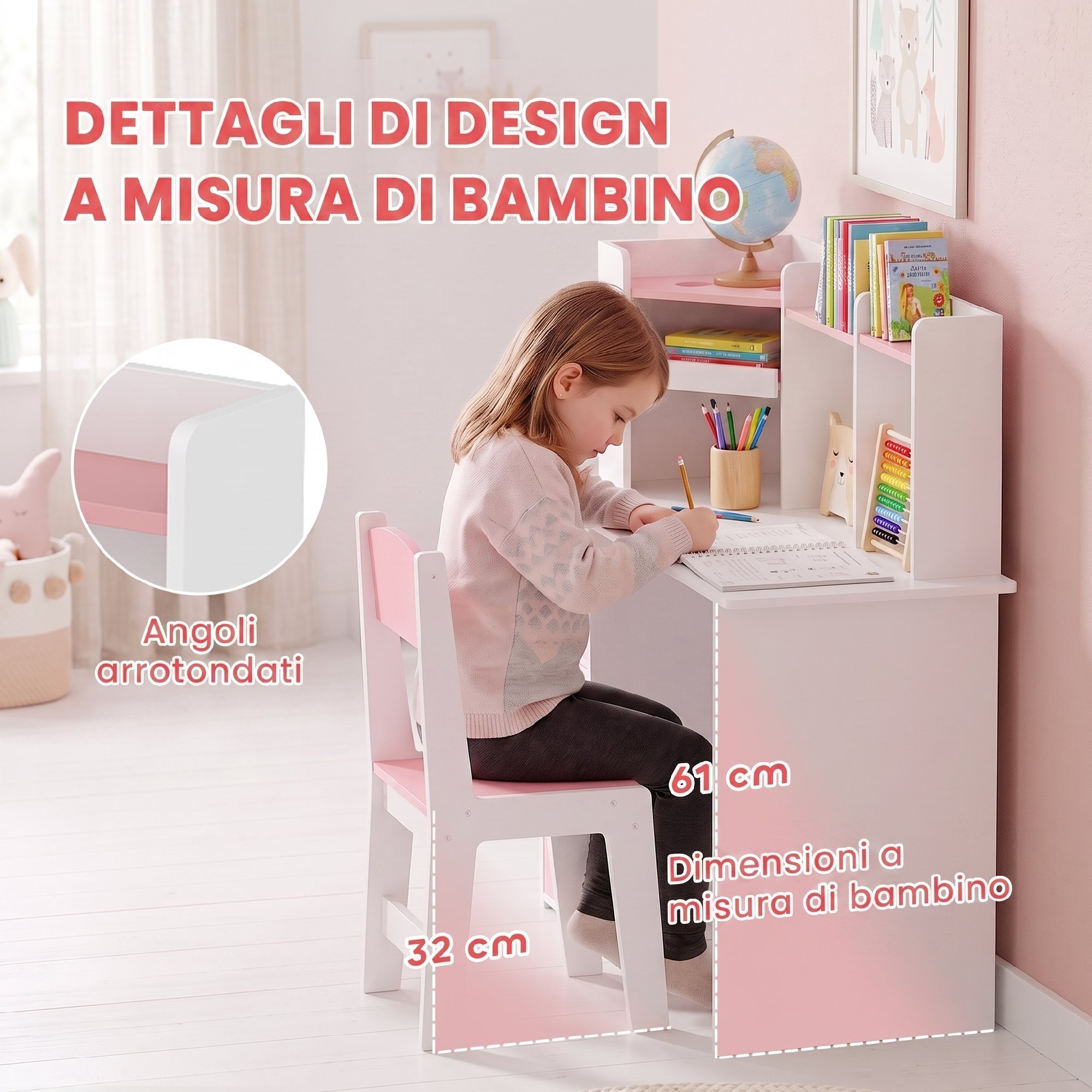 Set Bureau et Chaise Enfant 5-12 Ans avec Bibliothèque, Porte-Stylo, Support Tab