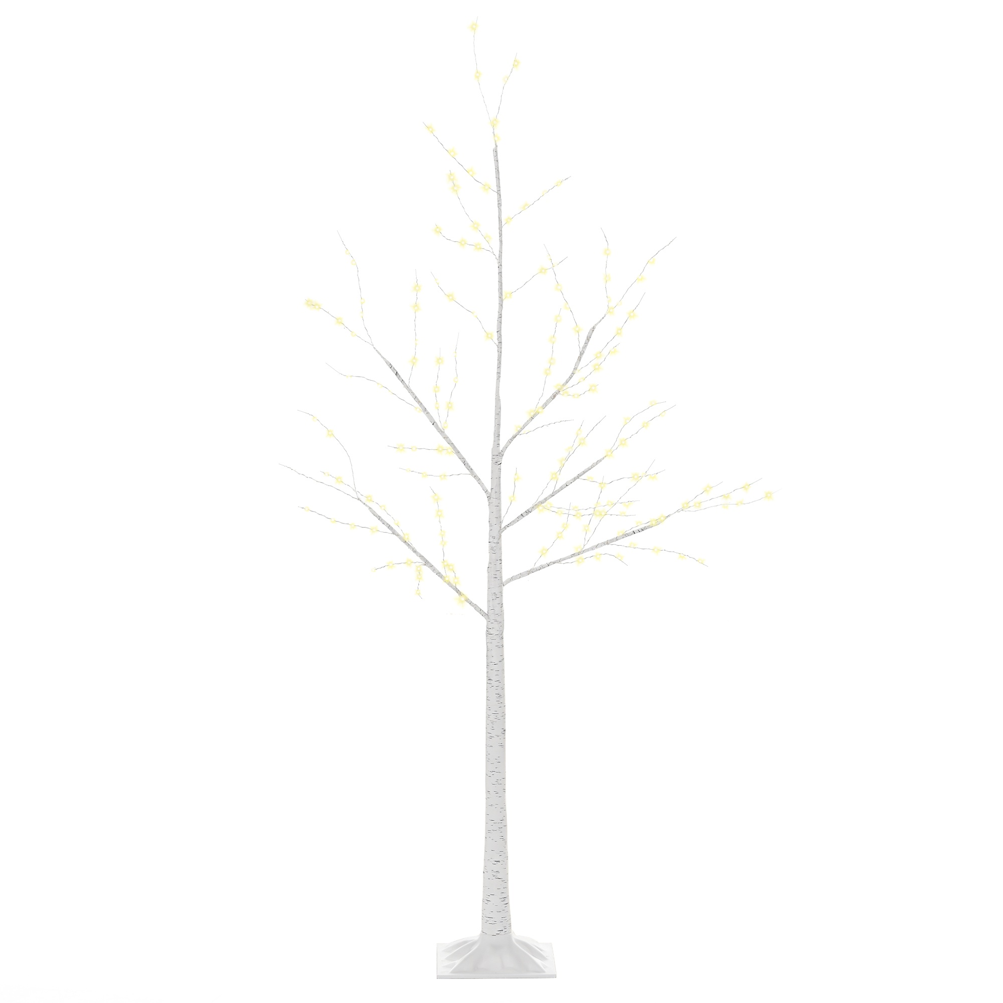 Arbre lumineux de Noël blanc type bouleau, 210 LED blanc chaud, base carrée, acier et PP, 20 x 20 x 150 cm