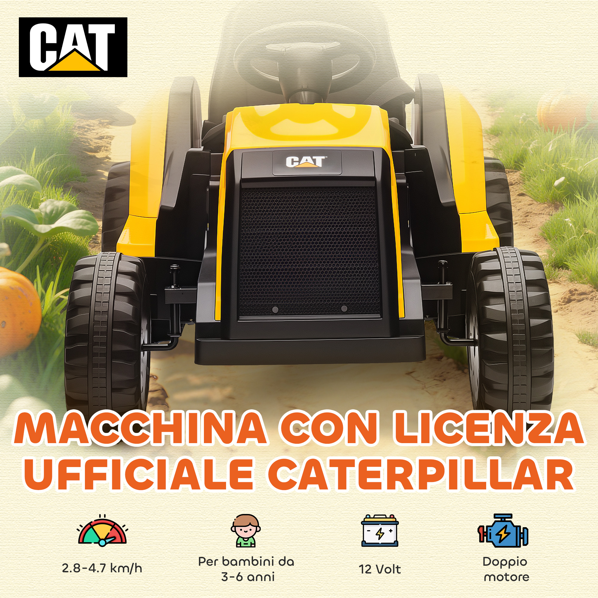 Tracteur CAT jaune noir vue complète