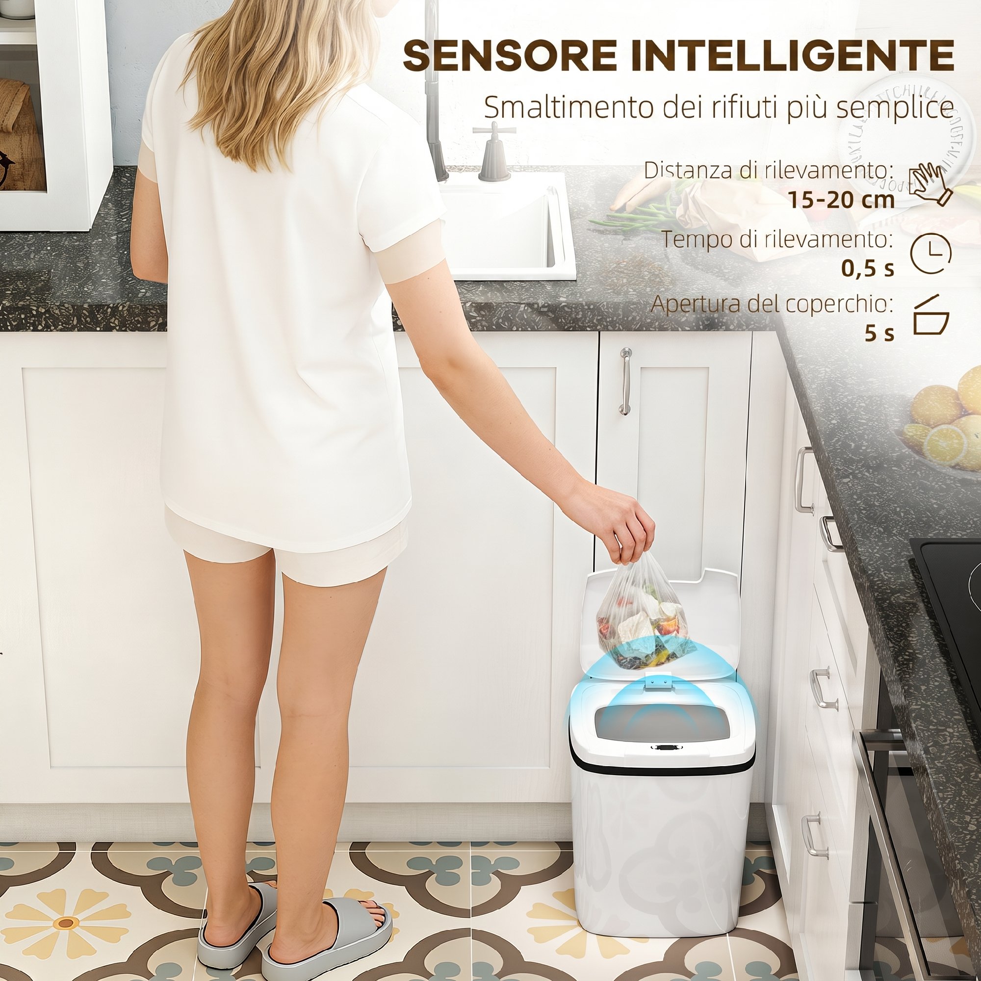 Poubelle automatique 15L capteur mouvement blanc