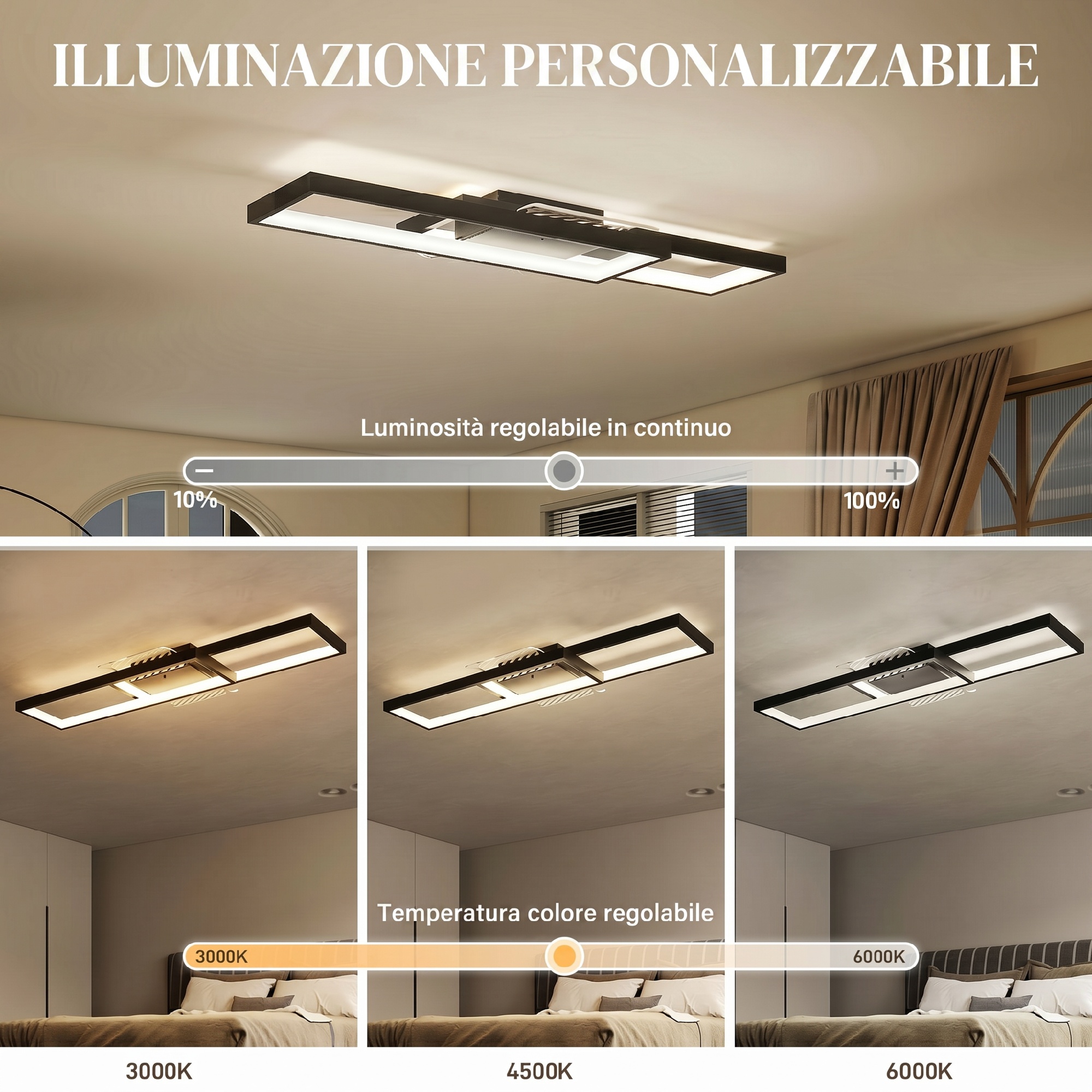 Plafonnier LED rectangulaire design géométrique noir 70cm