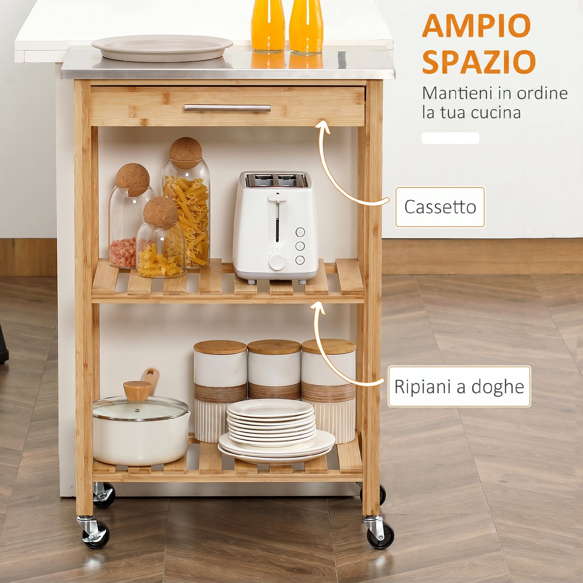 Chariot cuisine bambou plan inox mobile