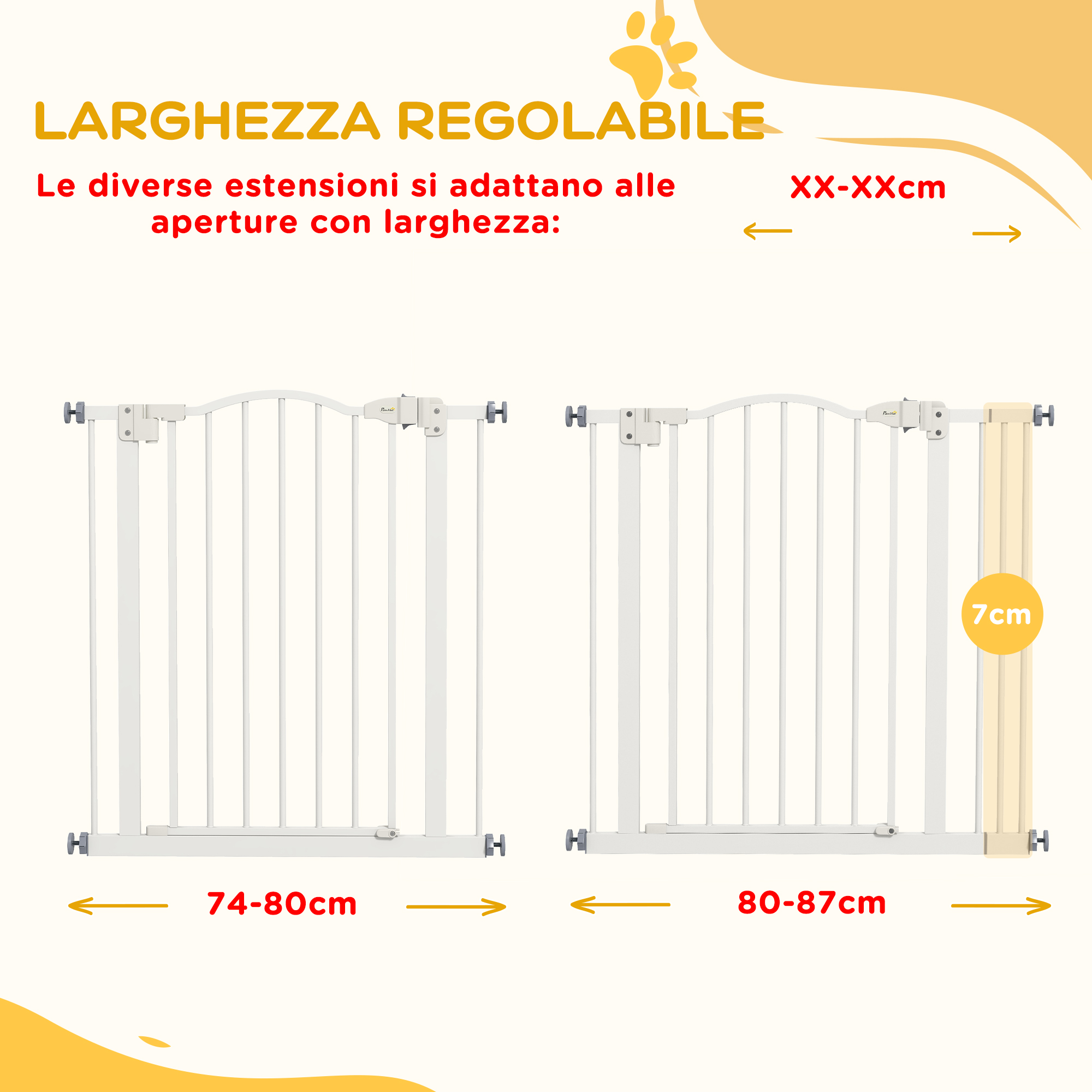 Extension de 7 cm incluse, largeur 74 à 87 cm