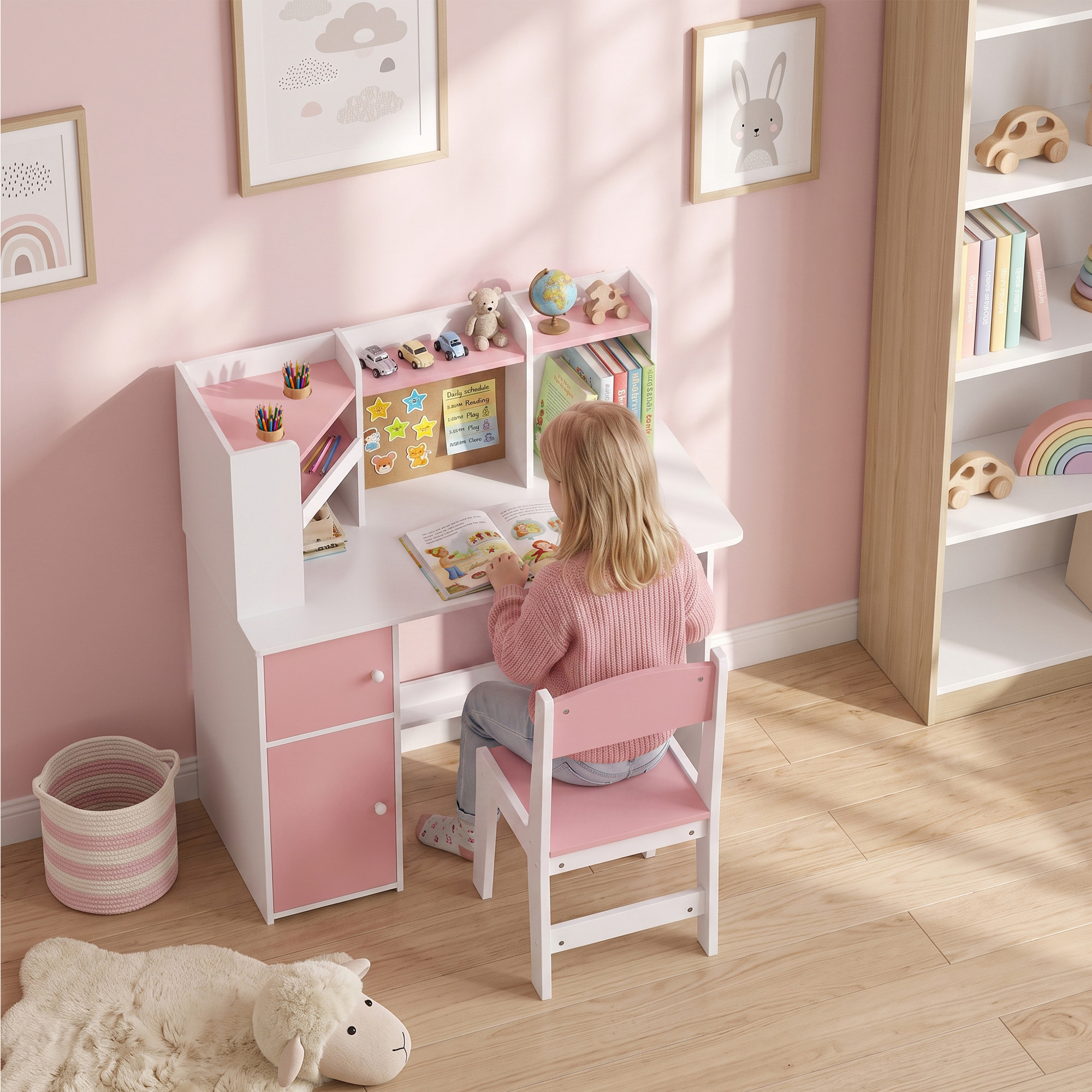 Set Bureau et Chaise Enfant 5-12 Ans avec Bibliothèque, Porte-Stylo, Support Tab