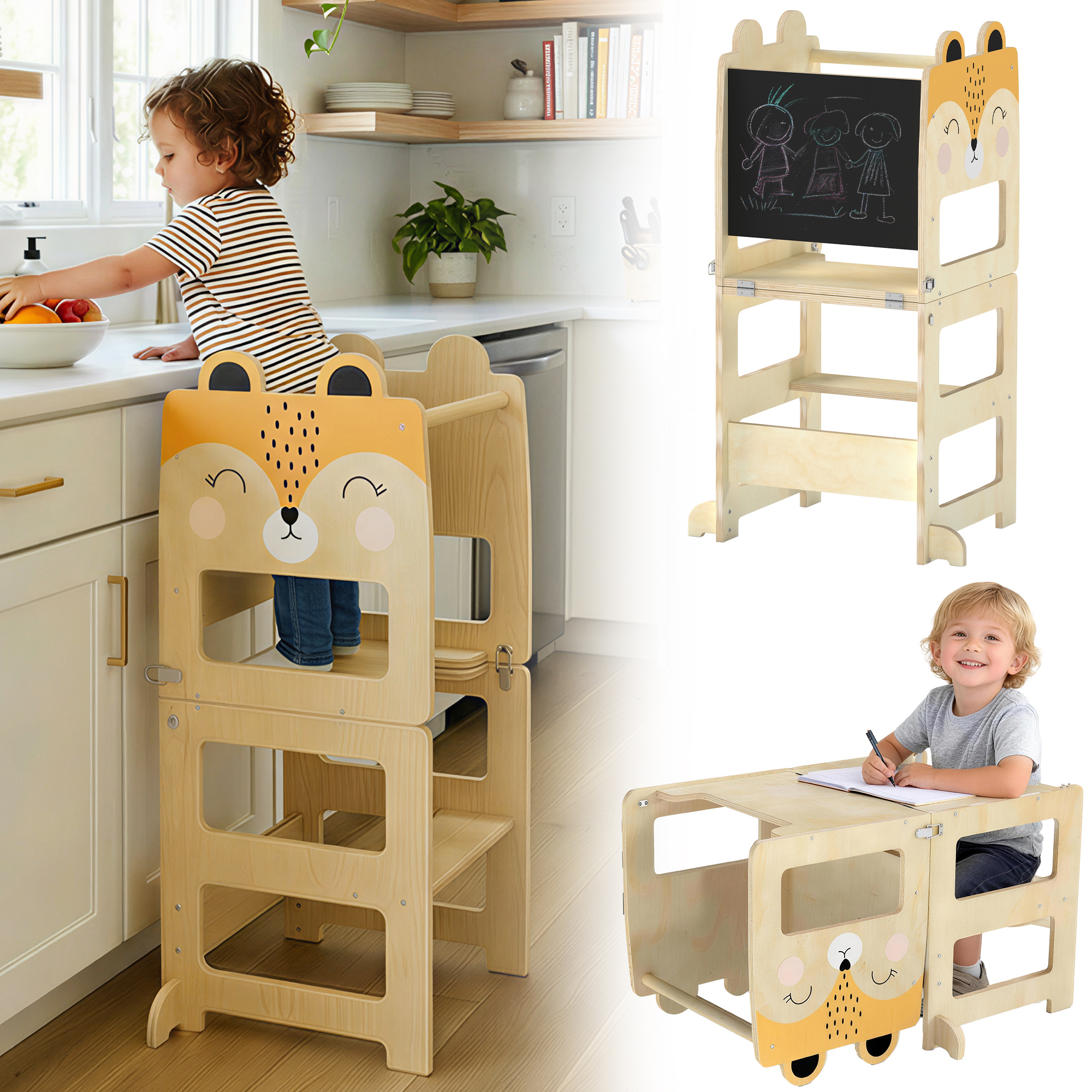 Tour Montessorienne Enfant 2-5 Ans avec Tableau Blanc et Table, en Contreplaqué,