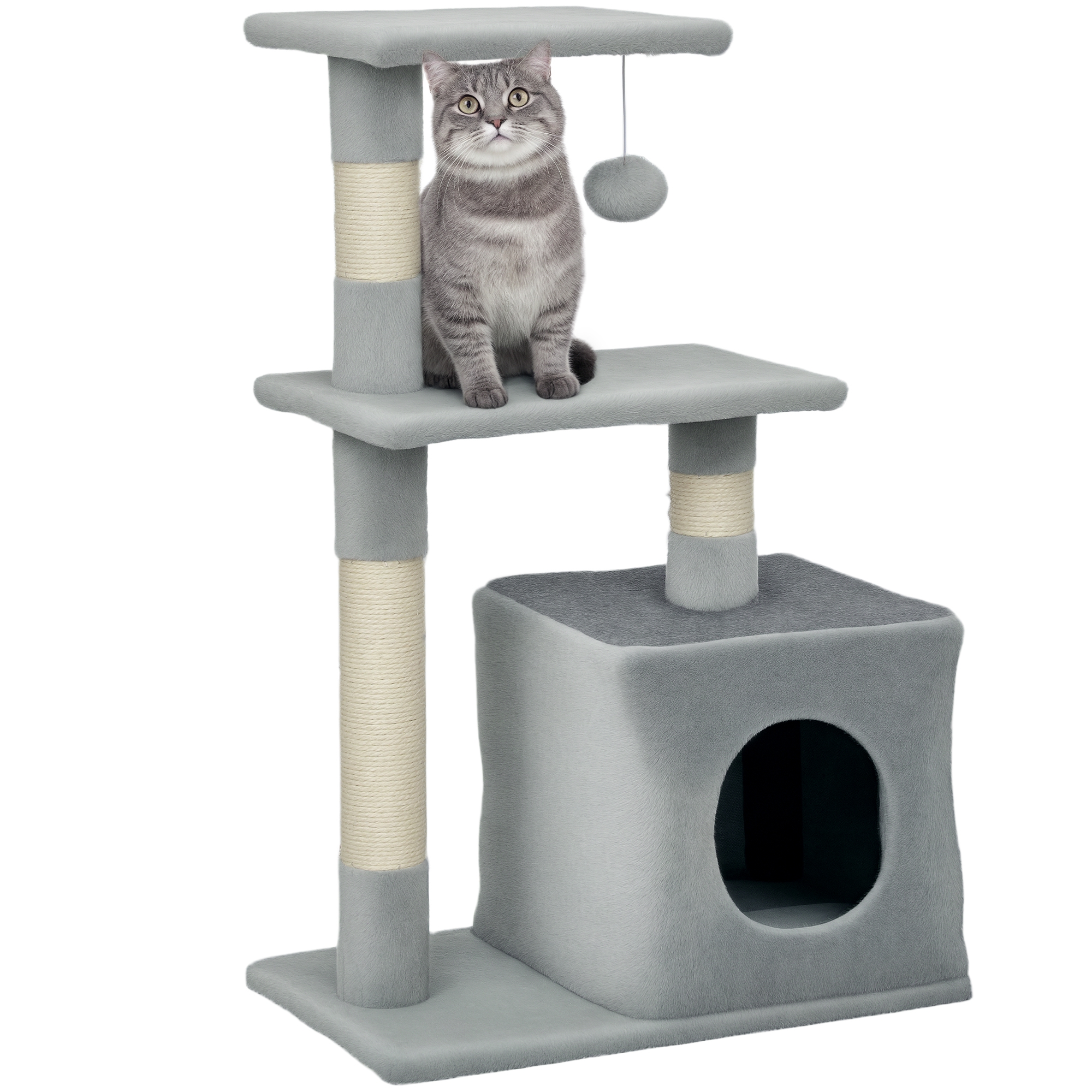 Arbre à chat 81,5 cm, tour pour chat avec poteaux en sisal, 2 plateformes, niche et boule suspendue, 50x30x81,5 cm, gris