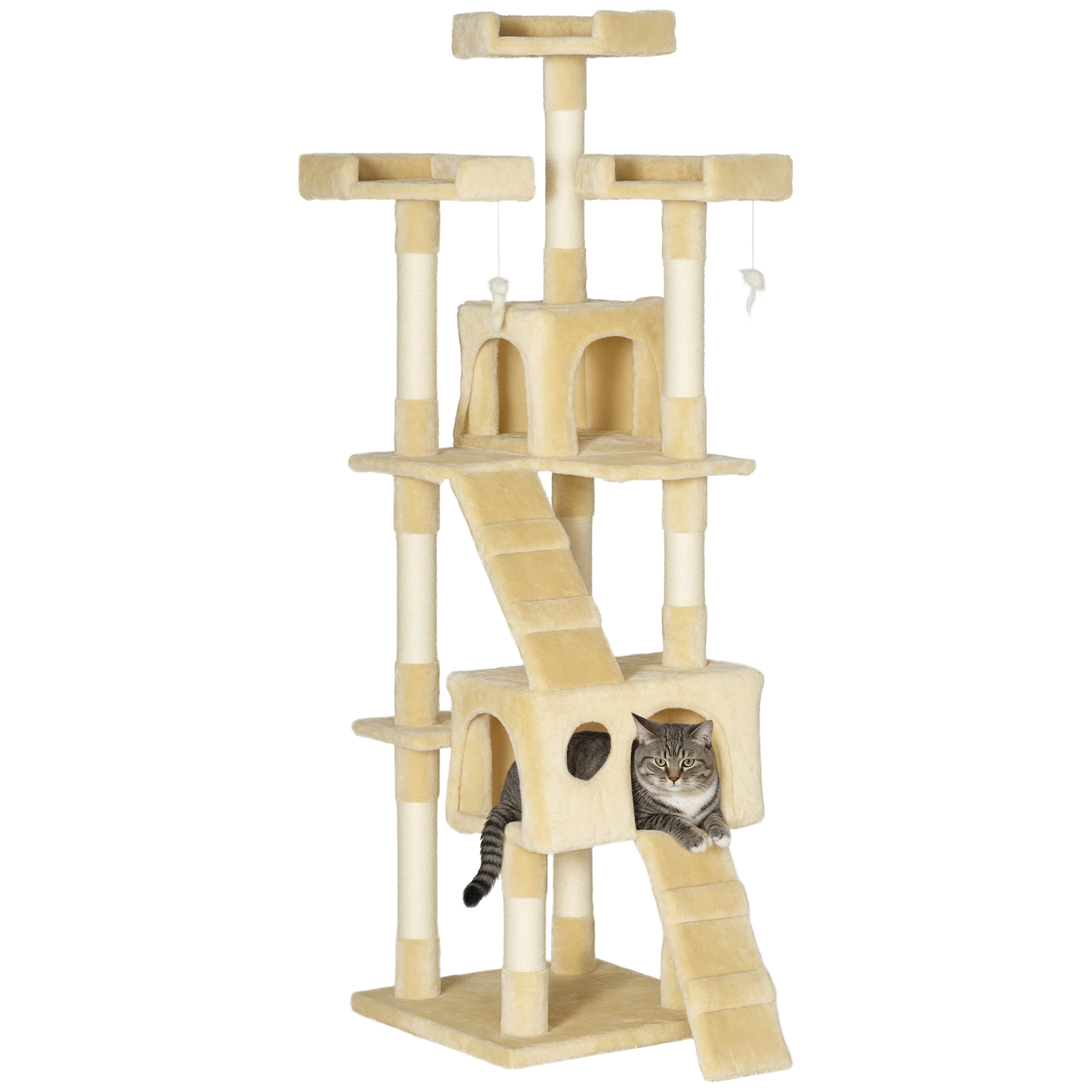 Arbre à chat 173 cm, tour d'escalade avec 2 niches, 3 lits, 2 rampes, poteaux en sisal, 2 souris suspendues, beige