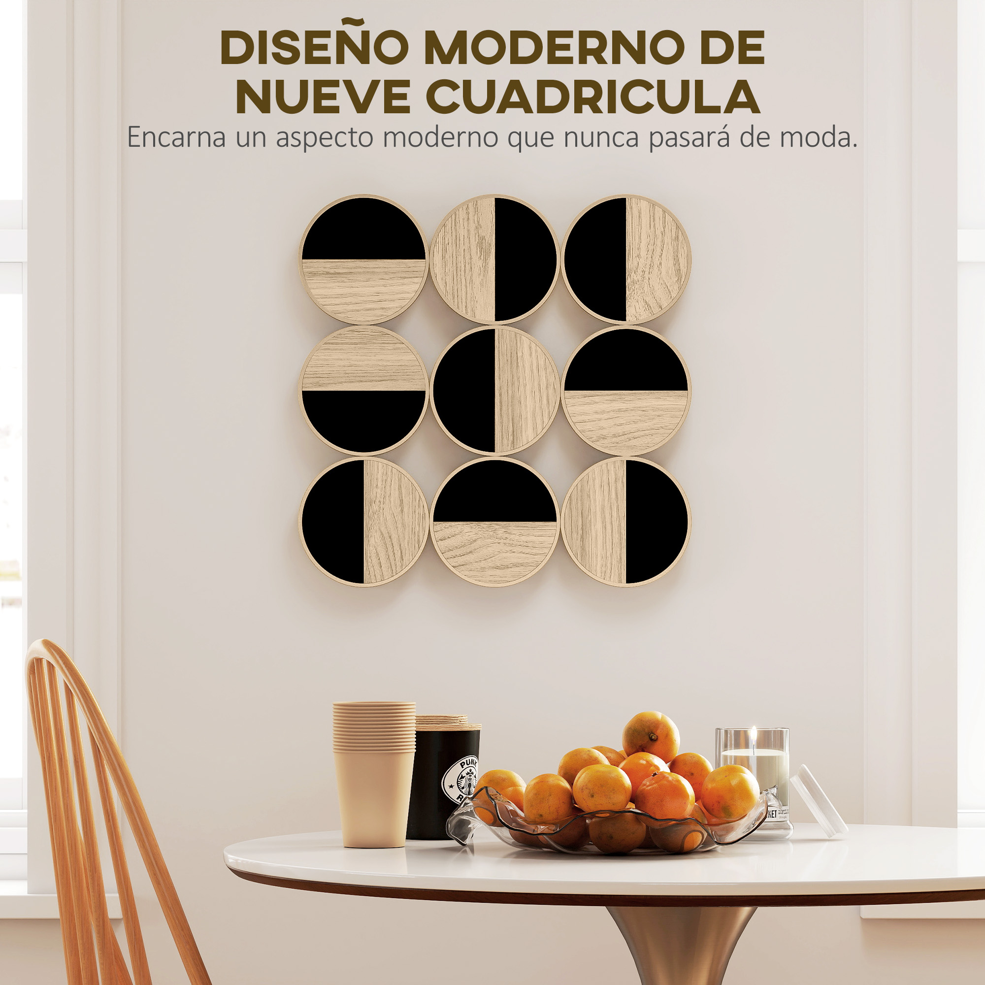 Déco murale géométrique 9 panneaux effet bois noir doré