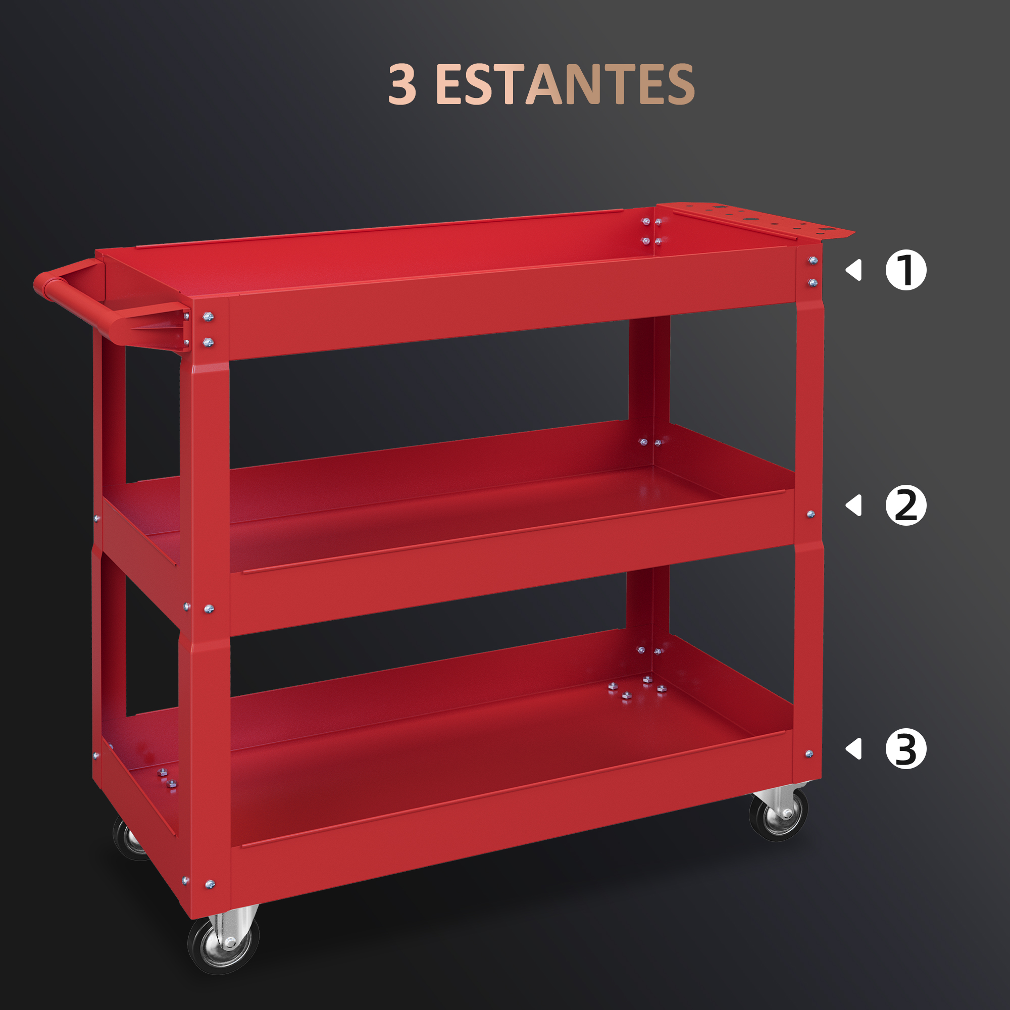 Chariot outils 3 niveaux rouge vue générale