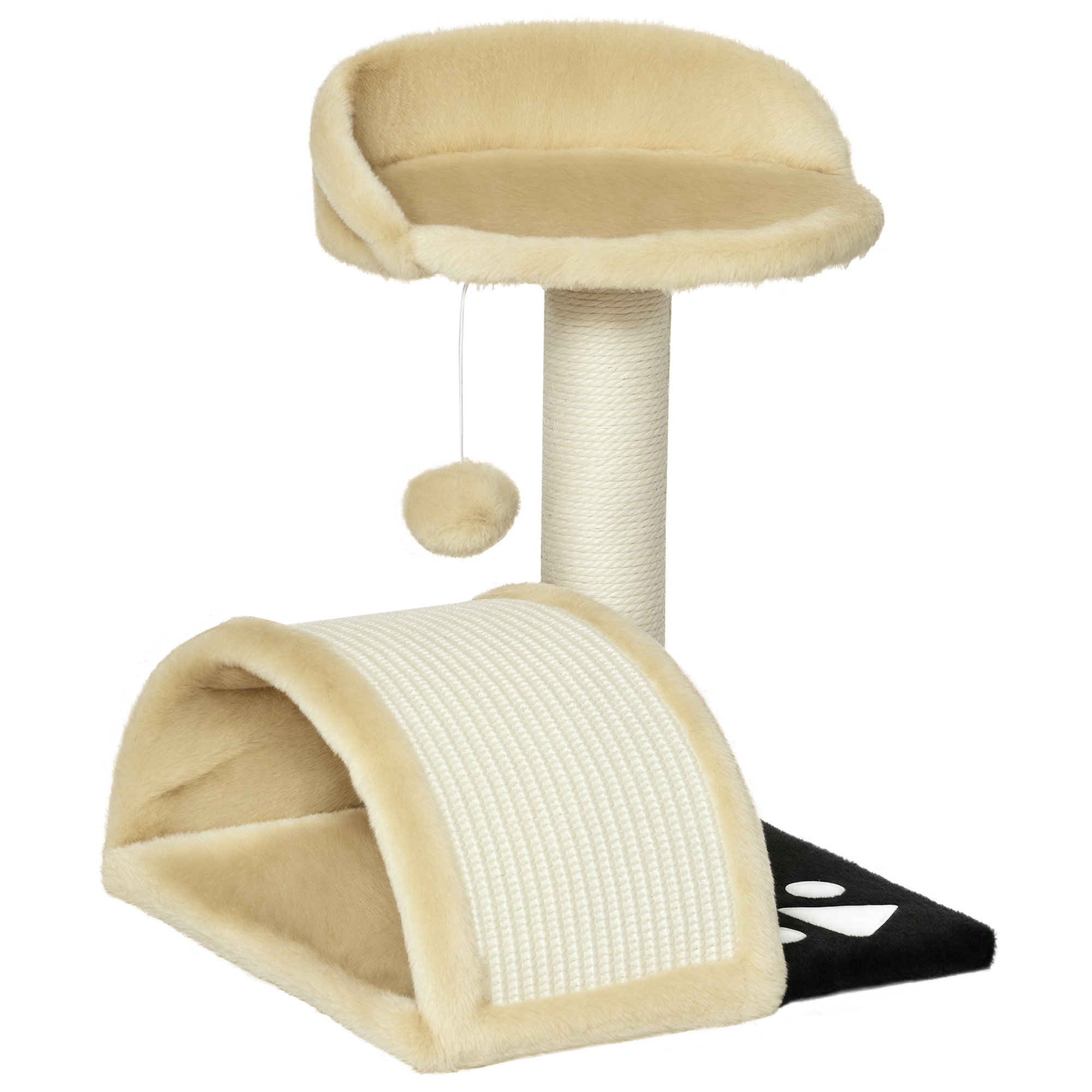 Arbre à chat compact 35,5x37x46 cm, 2 niveaux, avec poteau et planche à gratter, plateformes et boule suspendue, beige