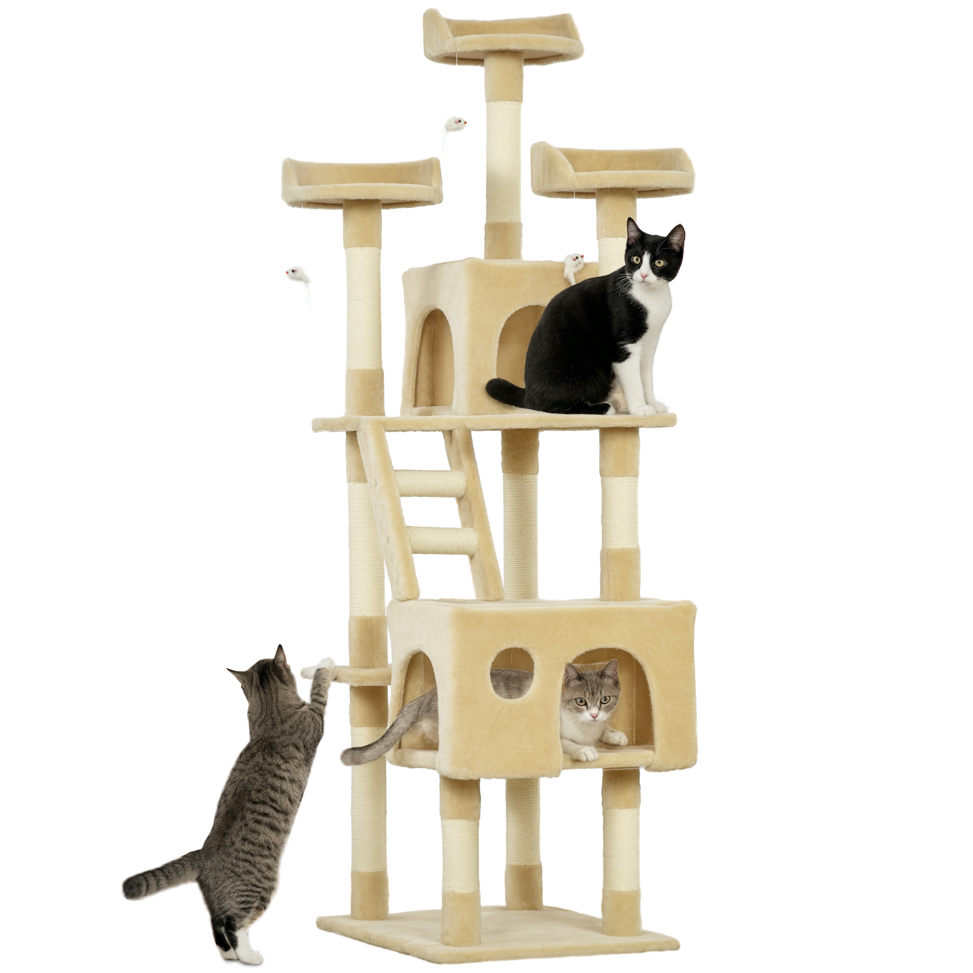 Arbre à chat 60x50x181 cm avec poteaux à gratter, multiples plateformes, échelles, niches et jouets, centre d'activités, beige