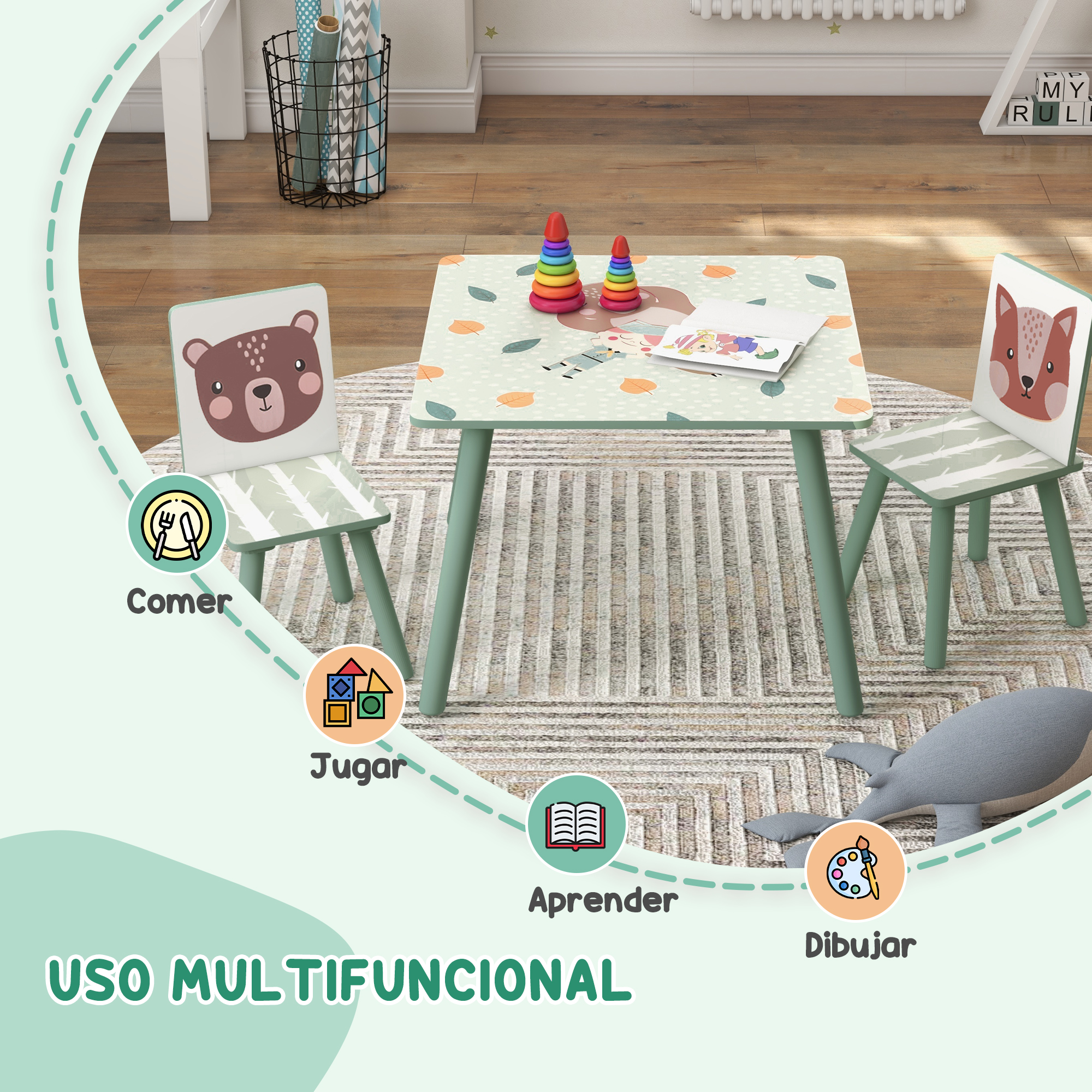 Ensemble Table Carrée et 2 Chaises Enfant Motif Animaux