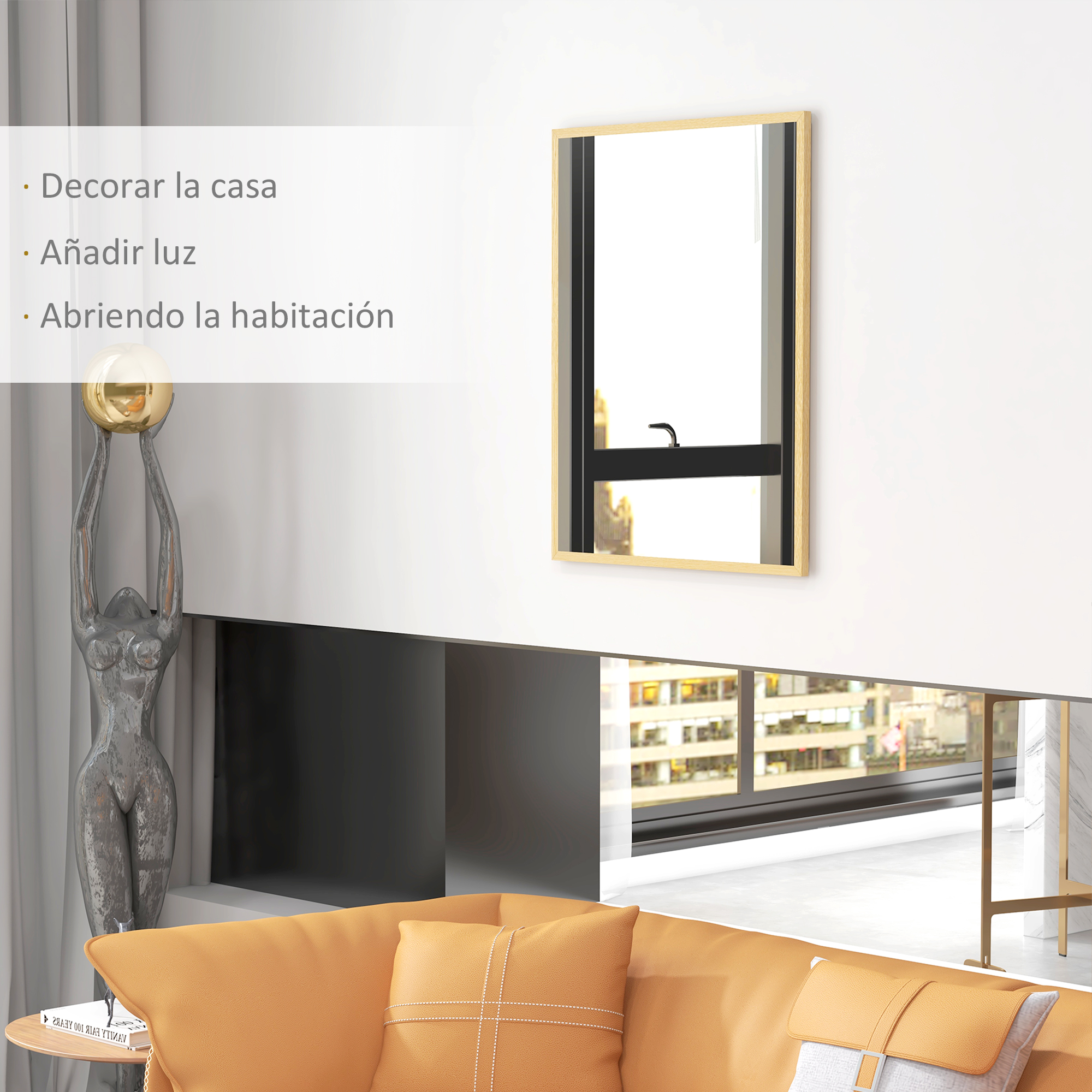 Miroir mural rectangulaire cadre imitation bois 70x90cm