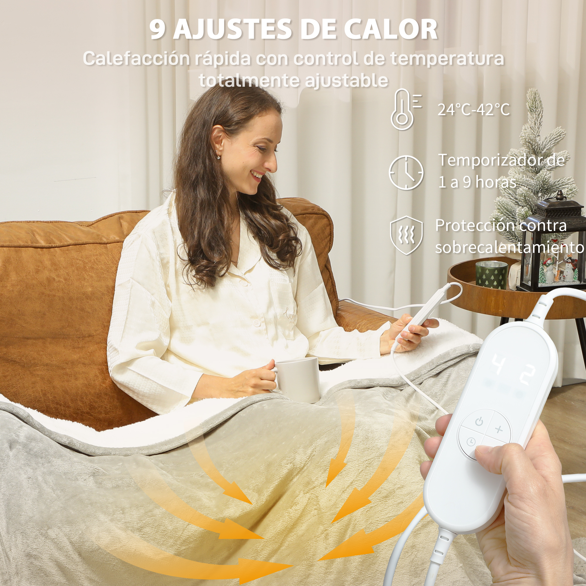 9 niveaux de température 24‑42 °C, minuterie 1‑9 h écran LED